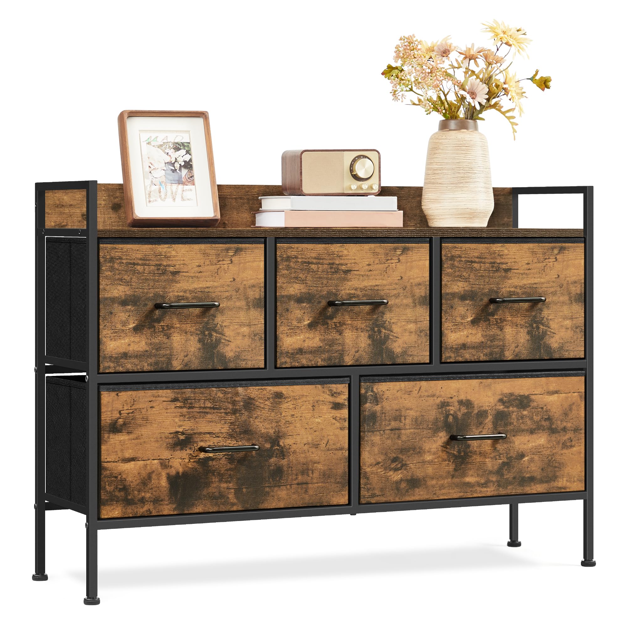 SONGMICS Chest of Drawers for Bedroom, 5 Fabric Drawers with Handles, Storage Organiser Unit, for Living Room, Hallway, Steel Frame, Rustic Brown and Ink Black LTS135B01