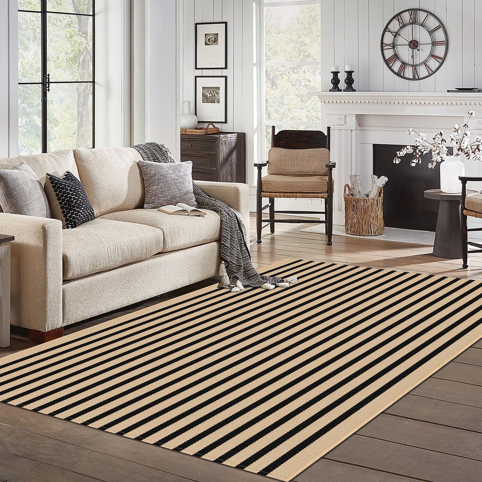 IOHOUZE Striped Area Rug 5'x7' Indoor Outdoor Rug, Washable Area Rug for Living Room, Large Patio Rug, Cotton Striped Rugs for Patio Living Room