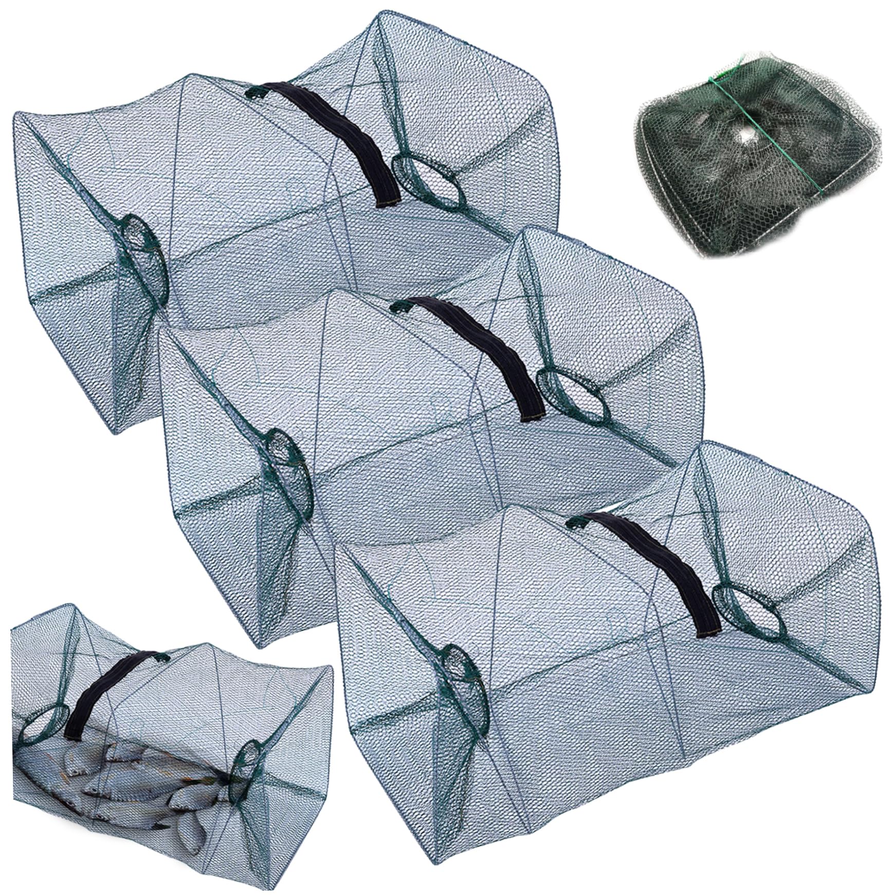 Crawfish Trap, 3 Pcs Fish Traps 8x8x21 In Nylon Foldable Portable Minnow Trap with 2 Entry Holes & Zipper Opening Outdoor Fishing Net for Crayfish Crab Lobster Shrimp