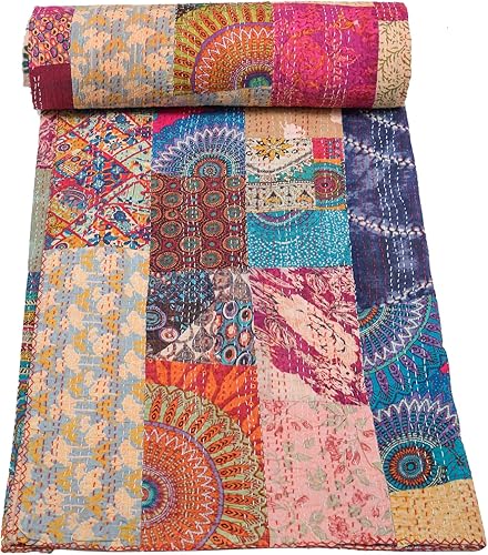 Vista 101 de Marubhumi Edredón tradicional indio de algodón puro, estampado de cachemira, colcha Kantha multicolor (multicolor-22, individual (60 x 90 pulgadas)