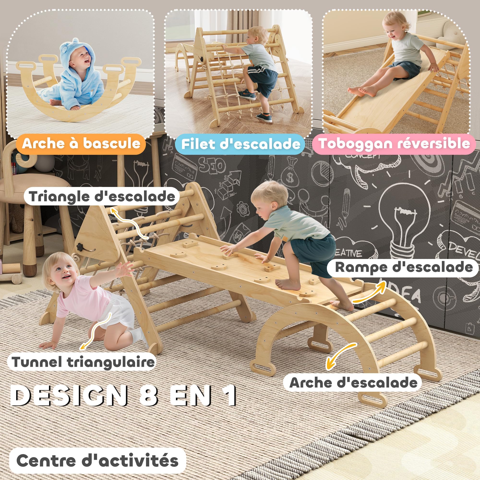 AIYAPLAY 8 en 1 triángulo de Escalada para niños con rampa Doble Cara, Arco de Escalada de Madera álamo con tobogán y Escalera, Carga 50 kg para deslizarse o Escalar bebé de 18 a 48 Meses, Natural