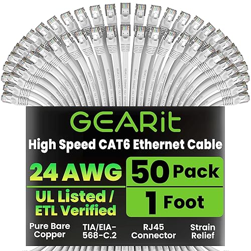 GearIT Cable Ethernet Cat 6 de 1 pie (paquete de 50)  Cable de conexión Cat6, cable de conexión Cat 6, cable Cat6, cable Cat 6, cable Ethernet Cat6,