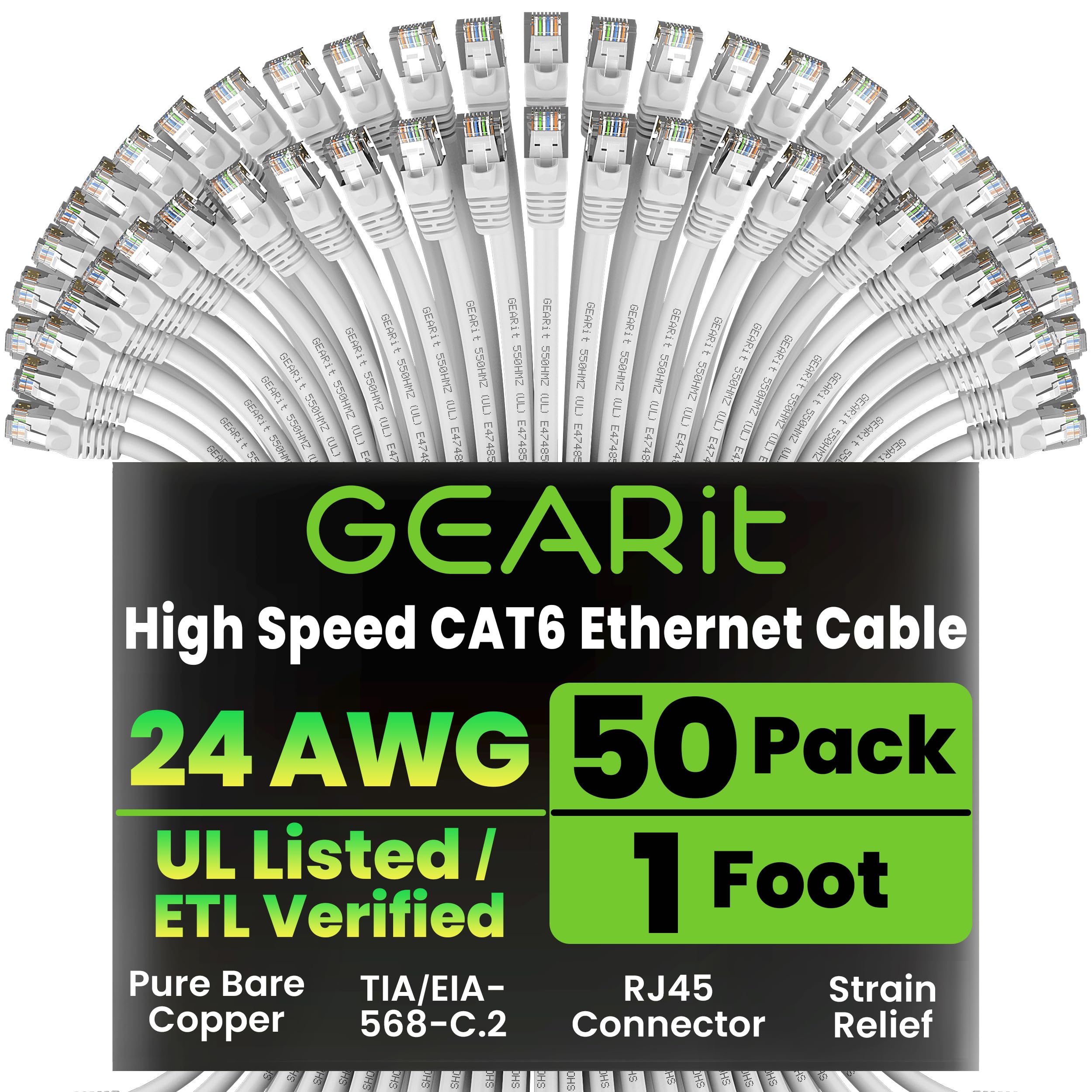GEARit Cat 6 Ethernet Cable (50-Pack 1 Foot) Cat6 Network Patch, 10Gbps, RJ45, Snagless Cord, Gold-Plated Connectors, Internet for PC, TV, Tablet,