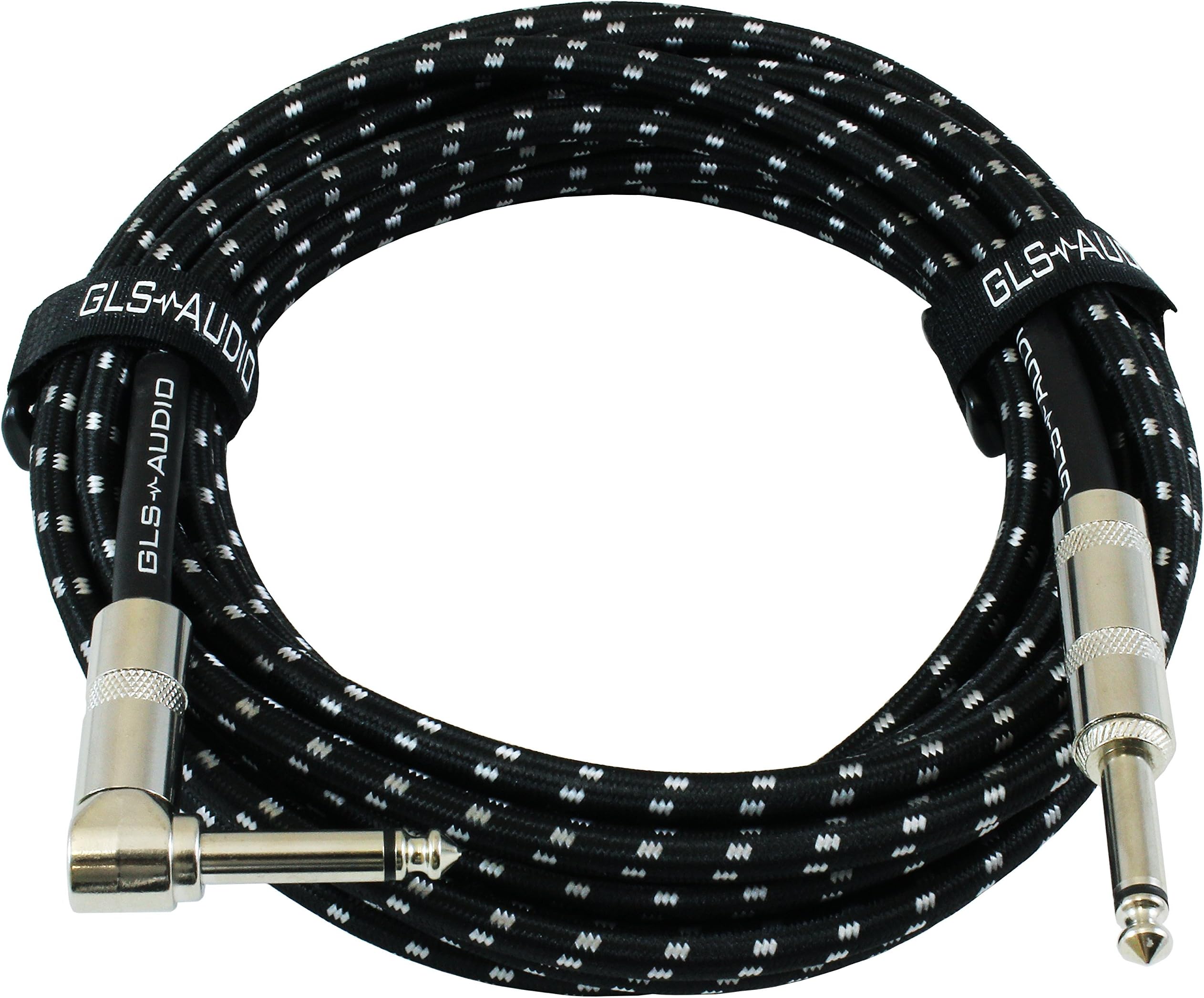 GLS Audio Instrument Cable - Amp Cord for Bass & Electric Guitar - Straight to Right Angle 1/4 Inch Instrument Cable - Black/Grey Braided Tweed, 20ft
