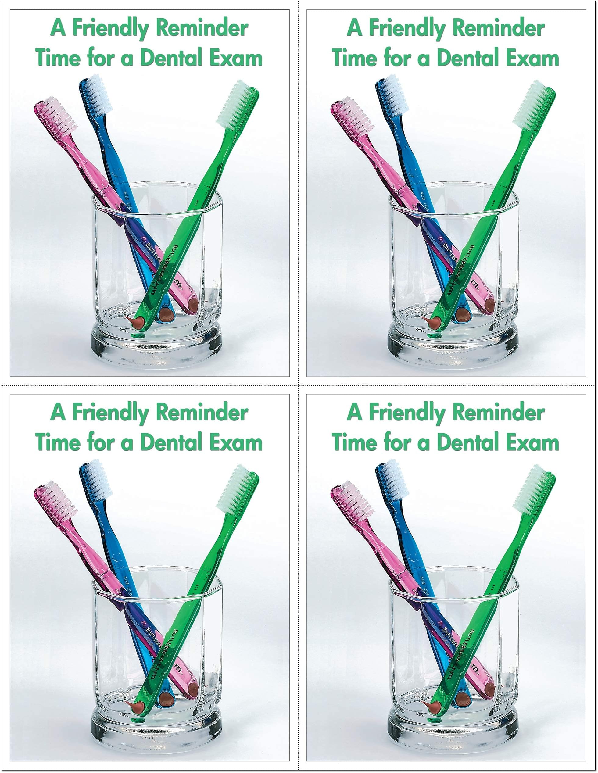 Custom RecallLaser Reminder Postcards, Dental Appointment Reminder Postcards. 4 Cards Perforated for Tear-off at 4.25" x 5.5" on an 8.5" x 11" Sheet of 8 Pt Card Stock. (2500 cards)