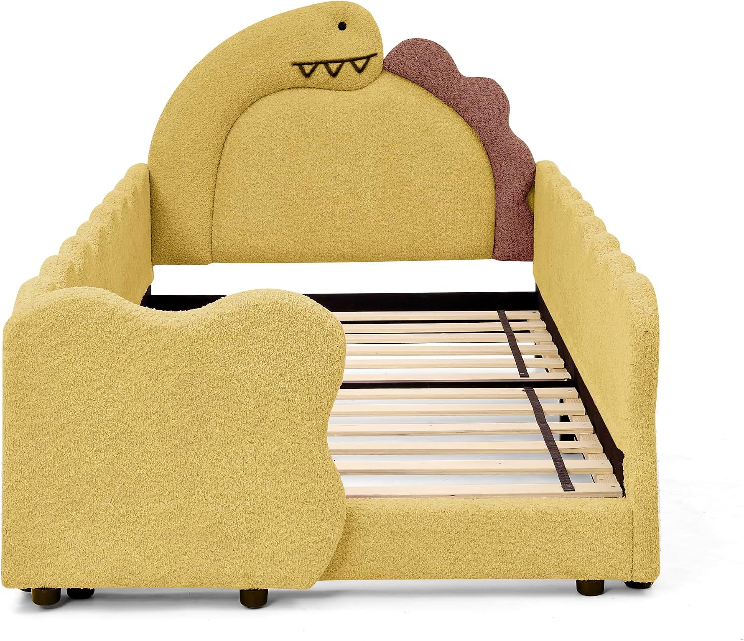 Ball & Cast Twin Size Floor Bed Frame with Cute Dinosaur Shaped Headboard,Boucle Upholstered Platform Bed Frame with Guardrail & Slats,Twin Montessori Bed for Boys Girls,No Box Spring Required,Yellow