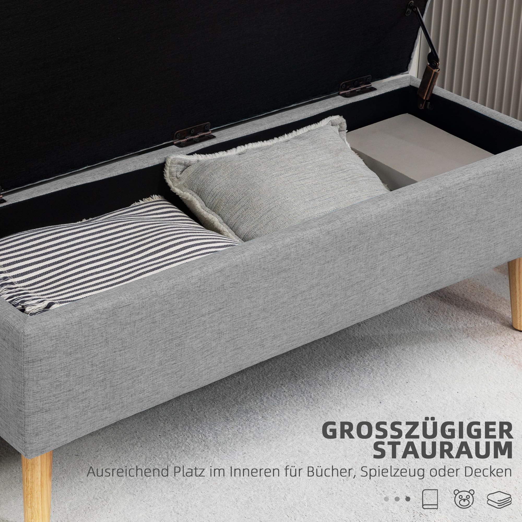 HOMCOM Sitzbank mit Stauraum Polsterbank mit Leinenoptik, Sitztruhe mit Holzbeine, Truhenbank für Wohnzimmer Schlafzimmer Flur 110 x 39 x 45 cm, Grau