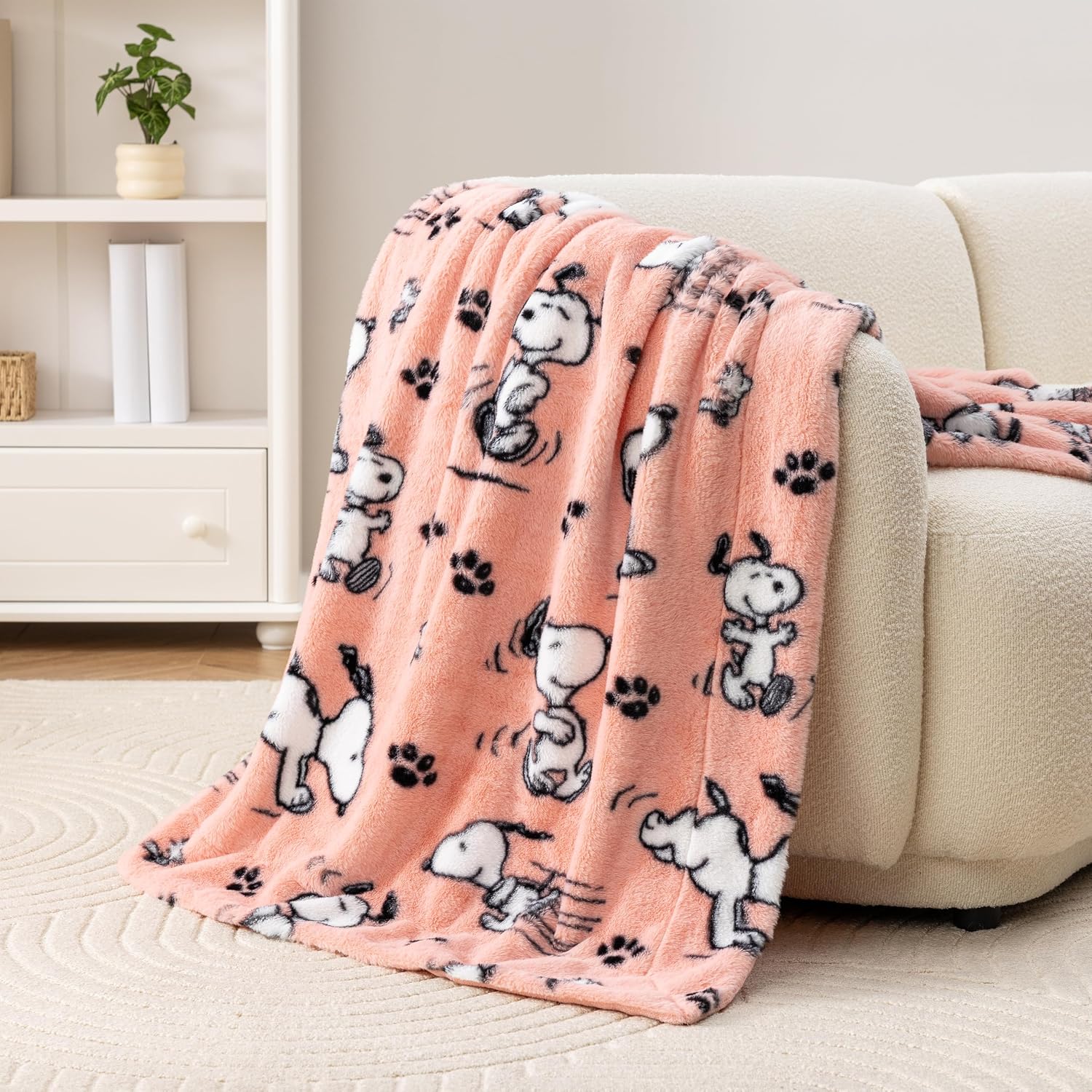 Berkshire Peanuts® Ultra Plush Thick Faux Rabbit Fur Snoopy Throw Blanket, Cozy Grace Fur Collection Throw for Bed, Couch & Sofa(50”×60”, Poses and Paws Large Coral)