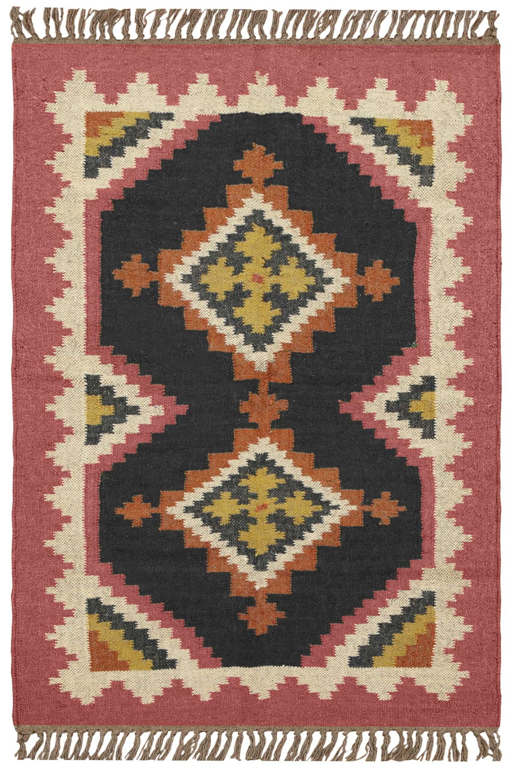 Tapis écologique en laine de jute géométrique Kilim noir tissage plat durable