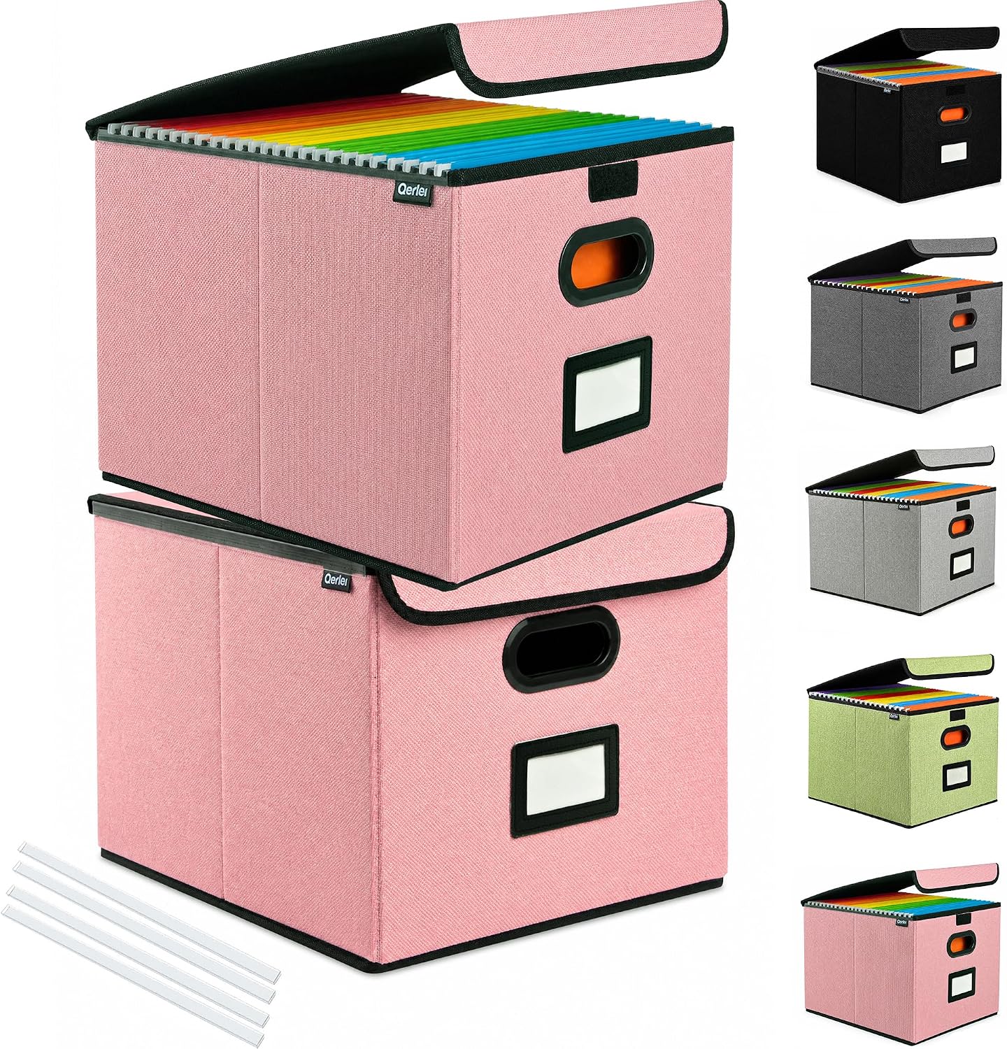 Qerlei File Organizer Boxes with Lids,Collapsible File Folder Organizer with Plastic Slide,Collapsible Filing & Storage Boxes for Office/Decor/Home (Pink, 2 Pack)