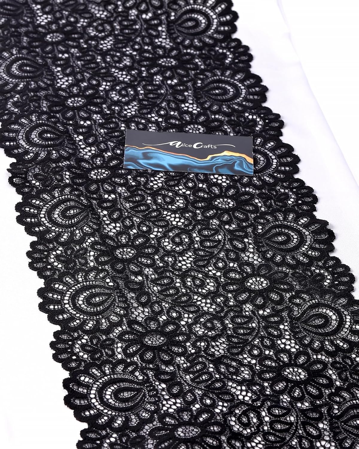 8 Inches by 5 Yards Stretch Sewing Lace Trim Fabric Elastic Ribbon Continuous Roll by Alice Crafts | Black