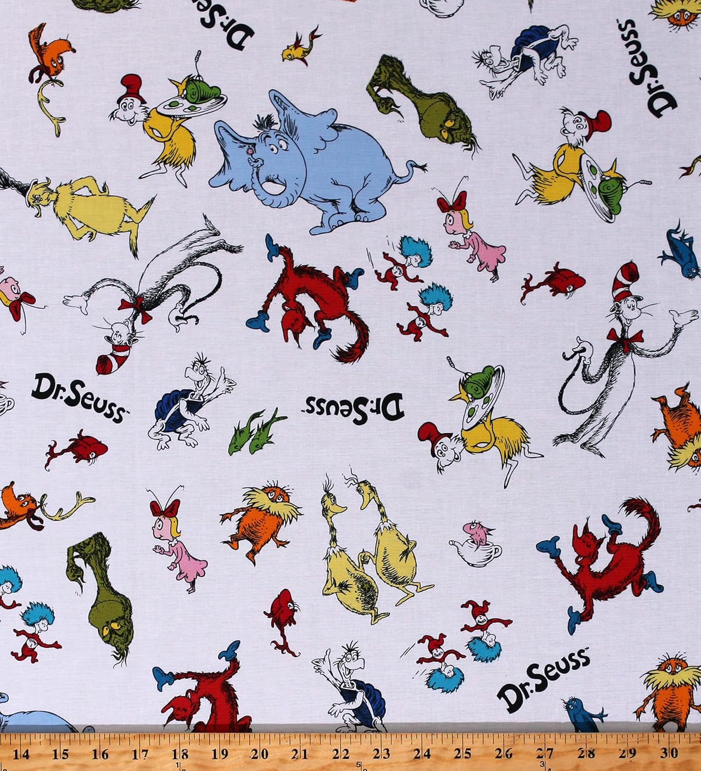Fields Cotton Dr. Seuss Characters Horton Hears a Who Cat in The Hat Gren Eggs and Ham Lorax Children's Books Celebrate Seuss! White Fabric Print by Yard (ADE-10790-204PRIMARY), 44 Inches
