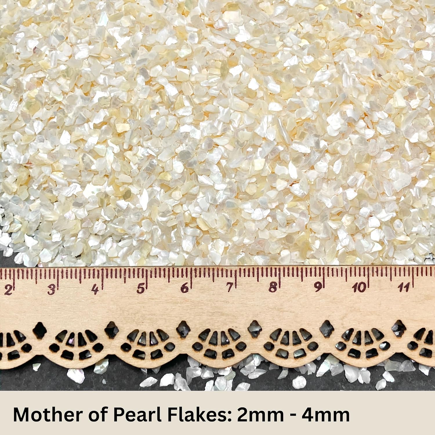Maker’s Minerals Crushed Creamy White Mother of Pearl Flakes, 2mm-4mm for Woodworking Inlay, Resin Art, Embellishments or Metaphysical Pyramids (2, Ounces)