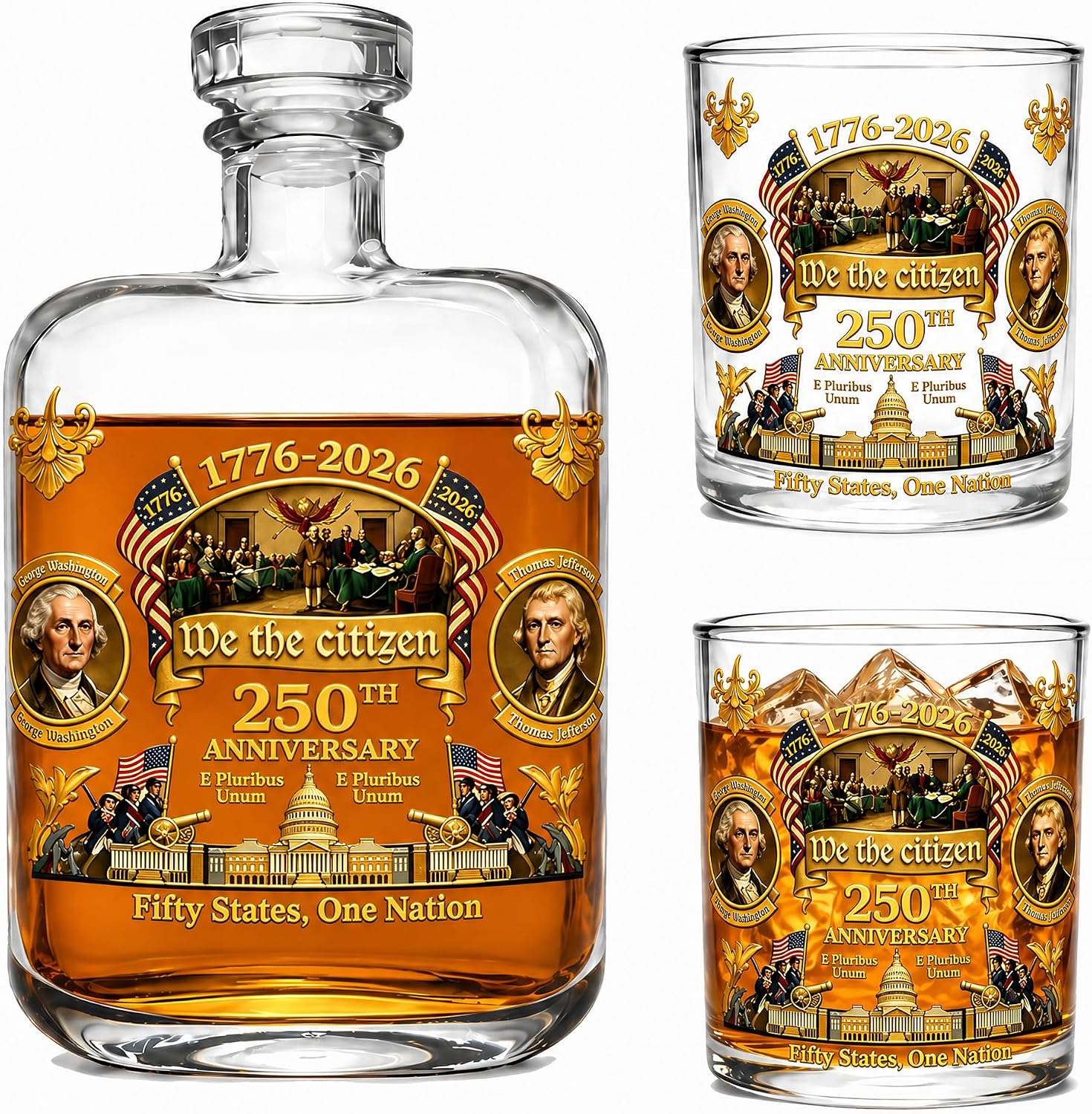 250th Anniversary USA Whiskey Decanter Set, We The Citizen 1776–2026 Commemorative Glass Decanter with 2 Whiskey Glasses, Patriotic Bourbon Gift for Men, Father’s Day