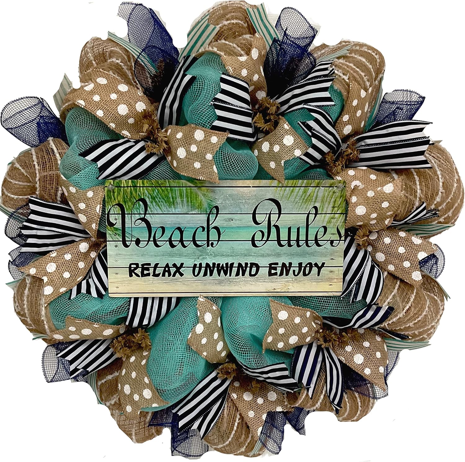 Beach Wreath, Luxury Handmade – Beach Rules Front Door Decor, 24 or 28 Inch
