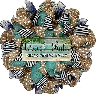 Beach Wreath, Luxury Handmade – Beach Rules Front Door Decor, 24 or 28 Inch