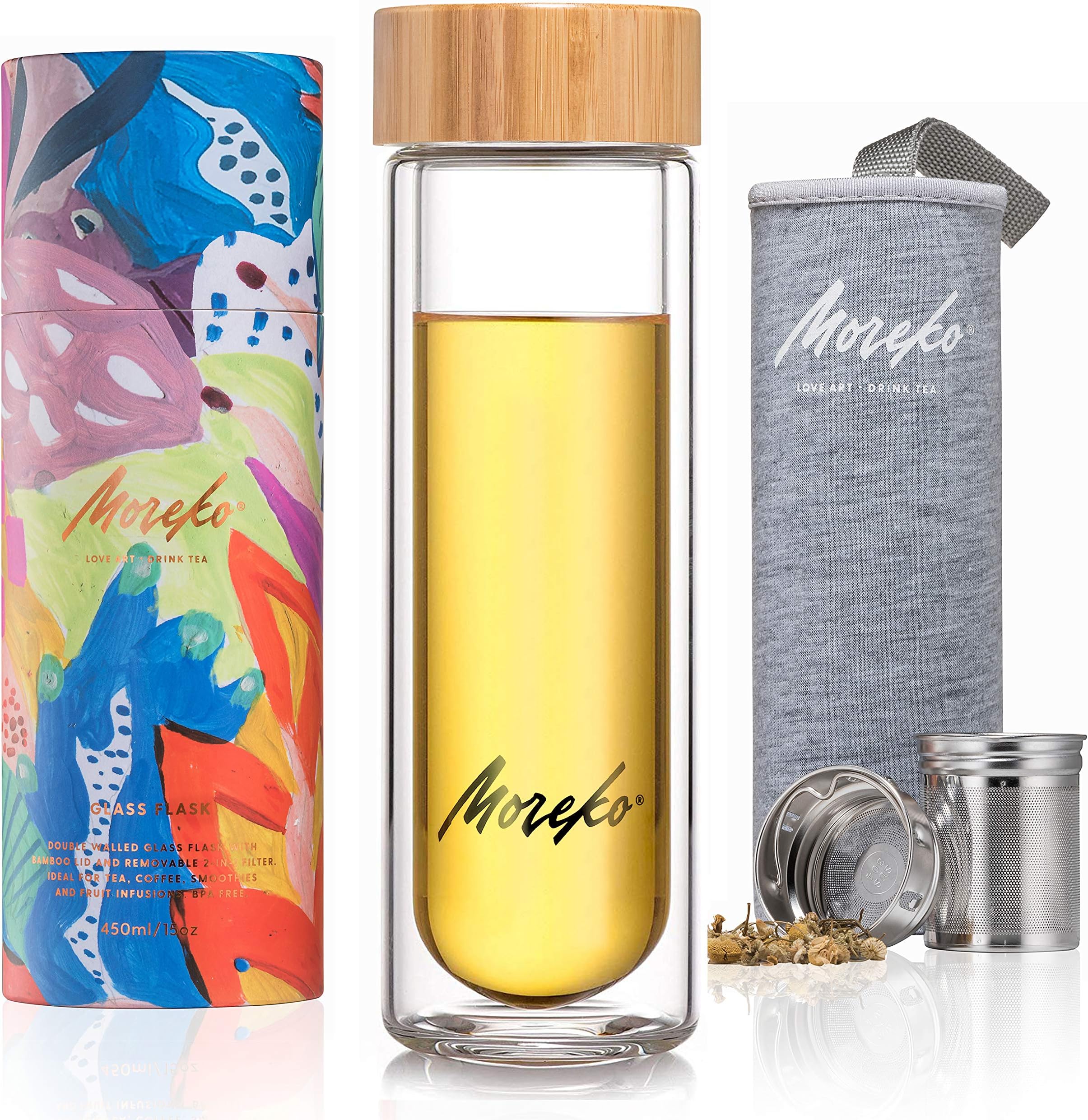 Glass Travel Tumbler with Bamboo Lid, 15 oz - Double-Wall, Insulated Water Bottle with Stainless Steel Tea Infuser - BPA-Free Thermos Mug - Traveling, Outdoor, Yoga Drink Accessories and Gifts