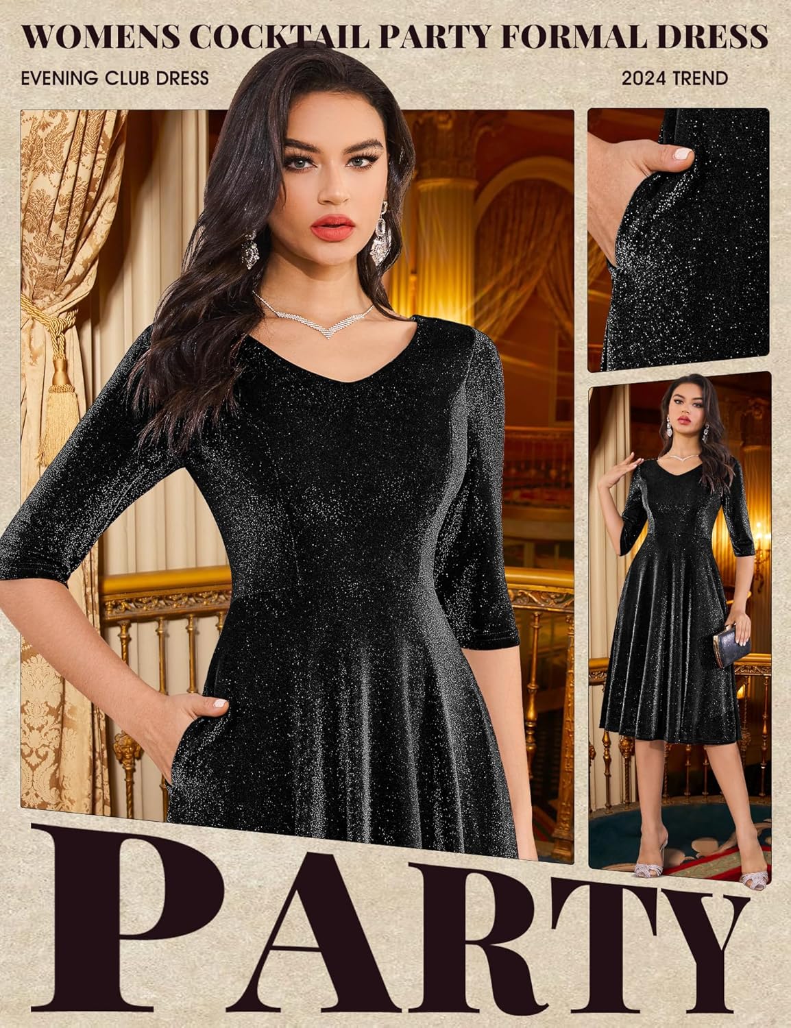 Dressystar Womens Velvet Midi Sequin Cocktail Dress Fall Winter Long Sleeve Formal Wedding Guest Party Dresses with Pocket - Image 5