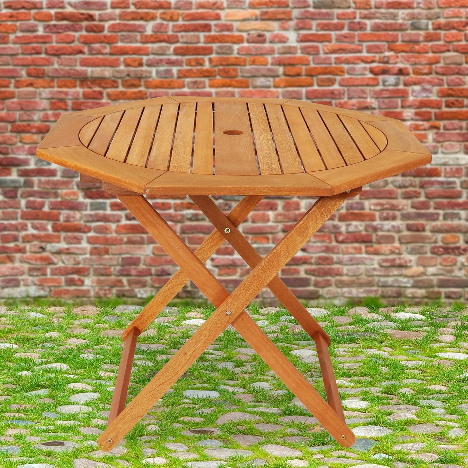 Sunnydaze Meranti Wood Folding Outdoor Table with Umbrella Hole - Foldable Patio Table for Dining & Gatherings - Teak Finish - Octagon