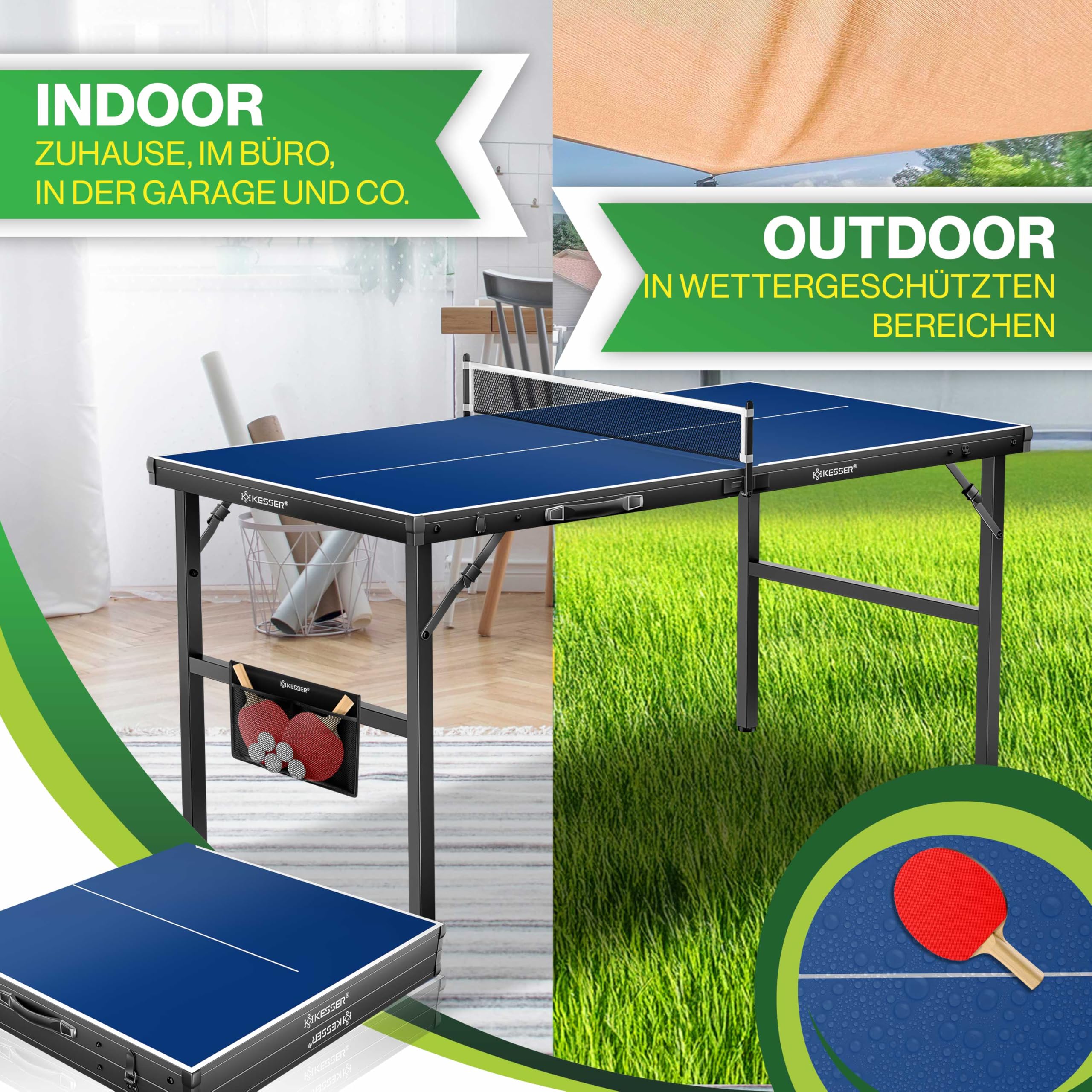 KESSER Mini tavolo da ping pong per esterni, con set di racchette da ping pong, palline da ping pong e rete T, resistente alle intemperie, laminato, pieghevole, per viaggi, design a valigia, 153 x