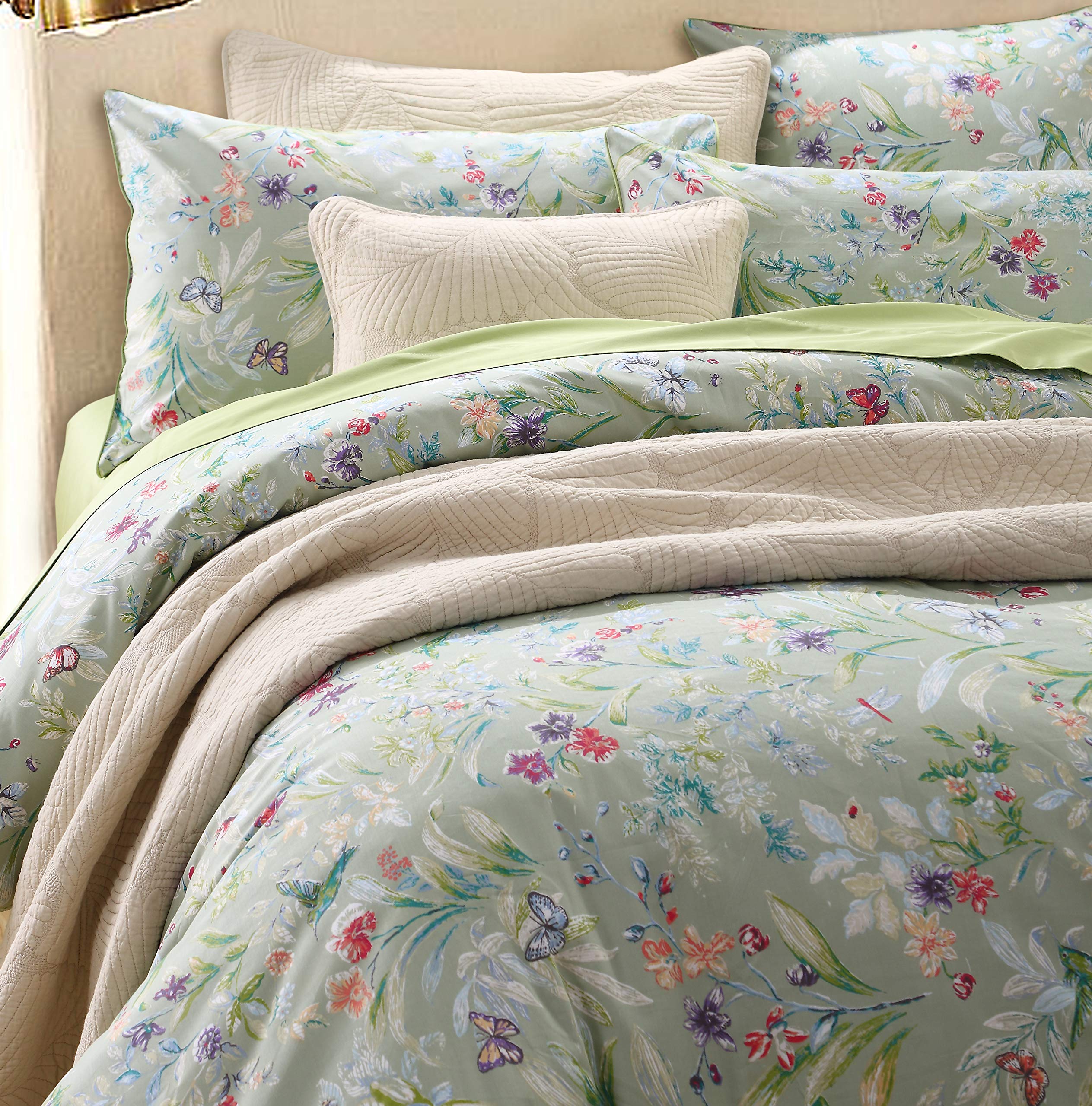 USTIDE Green Oil Painting Duvet Cover Set 3 Pieces Farmhouse Floral Bedding Set Bed Cover with 2 Pillowcases,Double Size
