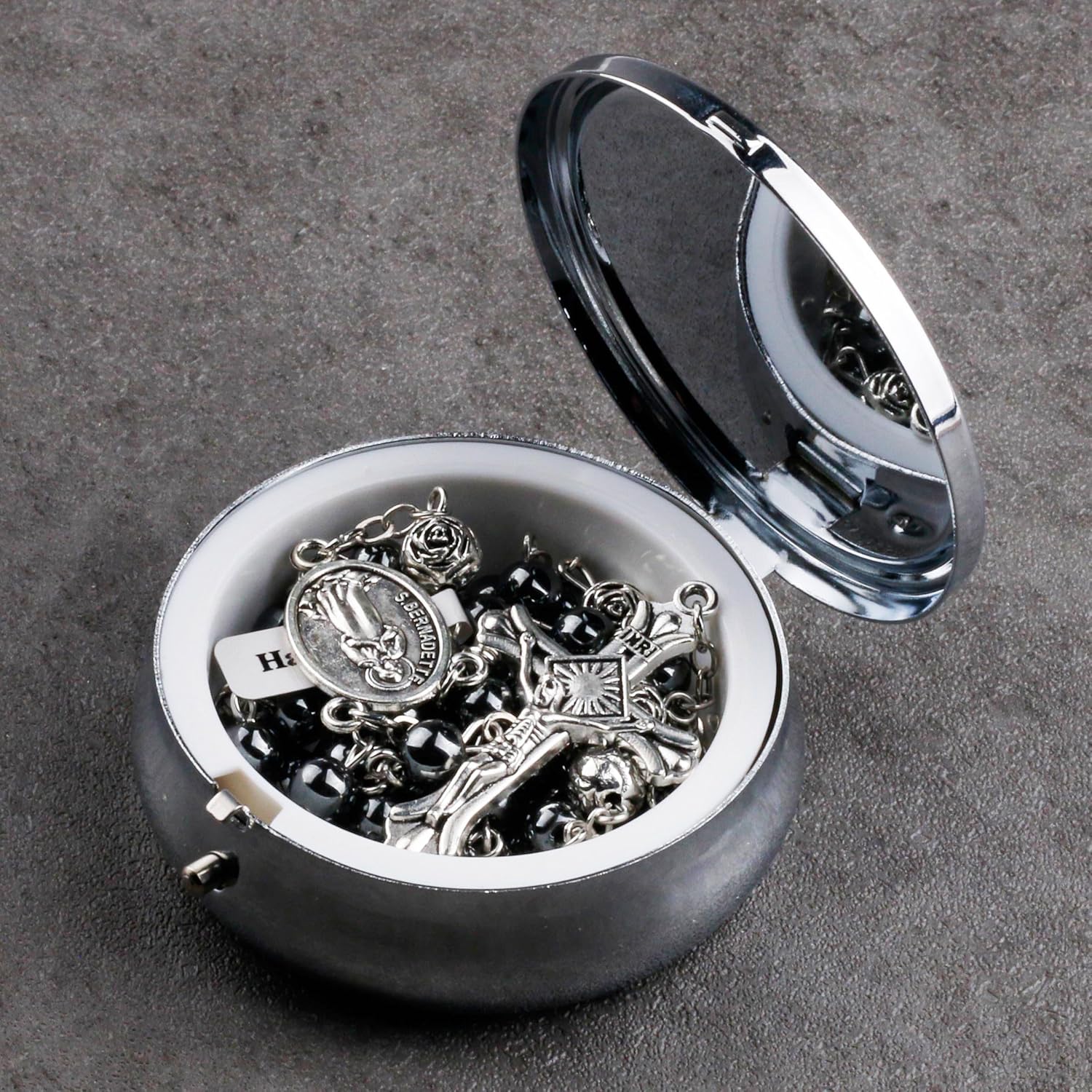 HanlinCC Lourdes Virgin Mary Hematite Black Stone Beads Catholic Rosary Necklace with Steel Gift Box for Men and Women - Image 9