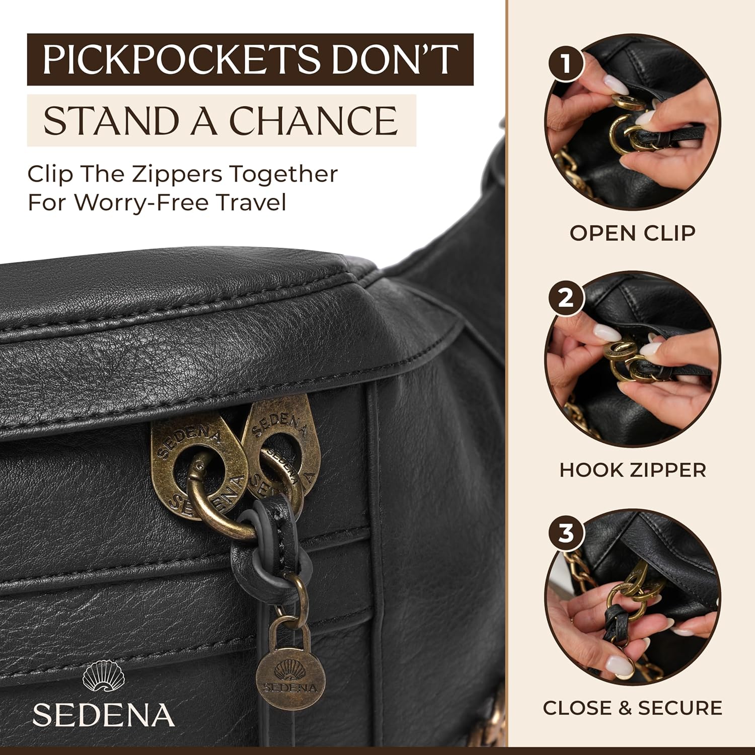 Anti Pickpocket Crossbody Bag – Large Vegan Black Leather Sling Bag with RFID & Glasses Pockets, Anti Theft Design, Multiple Compartments, Chain Detail Travel Crossbody Bag for Women - Image 7