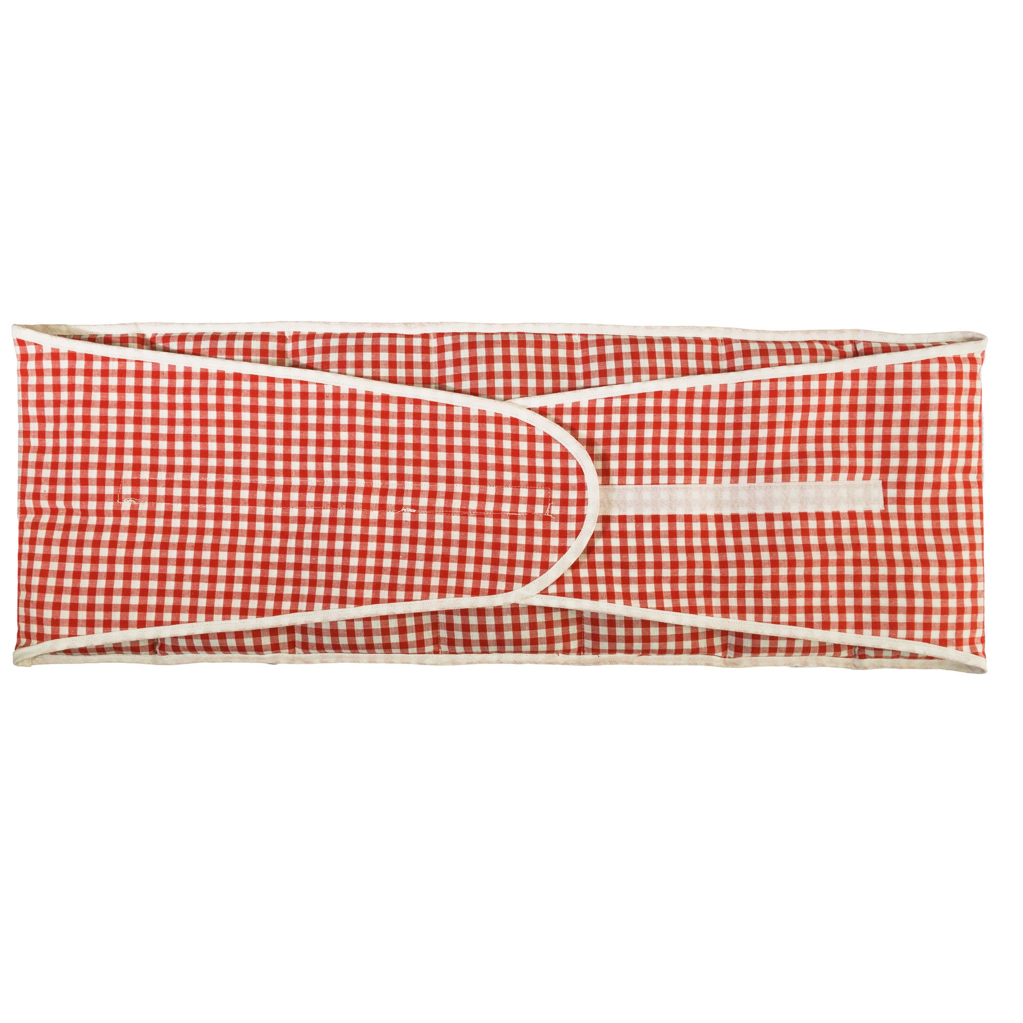 Cuscino termico con cintura, semi di lino (Lunghezza totale: 135cm, rosso-bianco, Cotone Bio) Cuscino riscaldabile per forno, microonde e frigorifero. Caldo e freddo