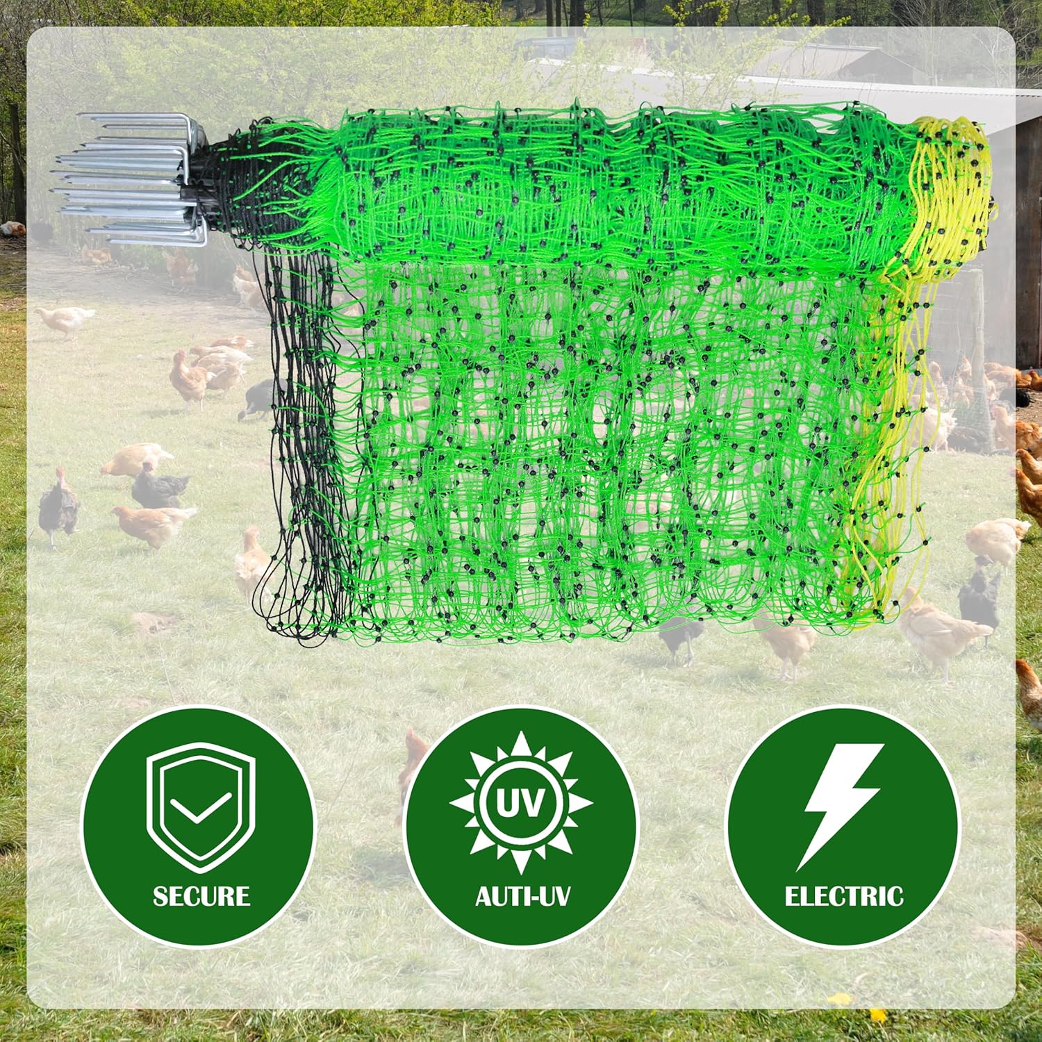 Electric Fence Netting, 35.5" x 164' Electric Poultry Netting with Fiberglass Posts and Double-Spiked Stakes, Utility Portable Mesh for Poultry in Backyards, Homesteads, Farms and Ranches