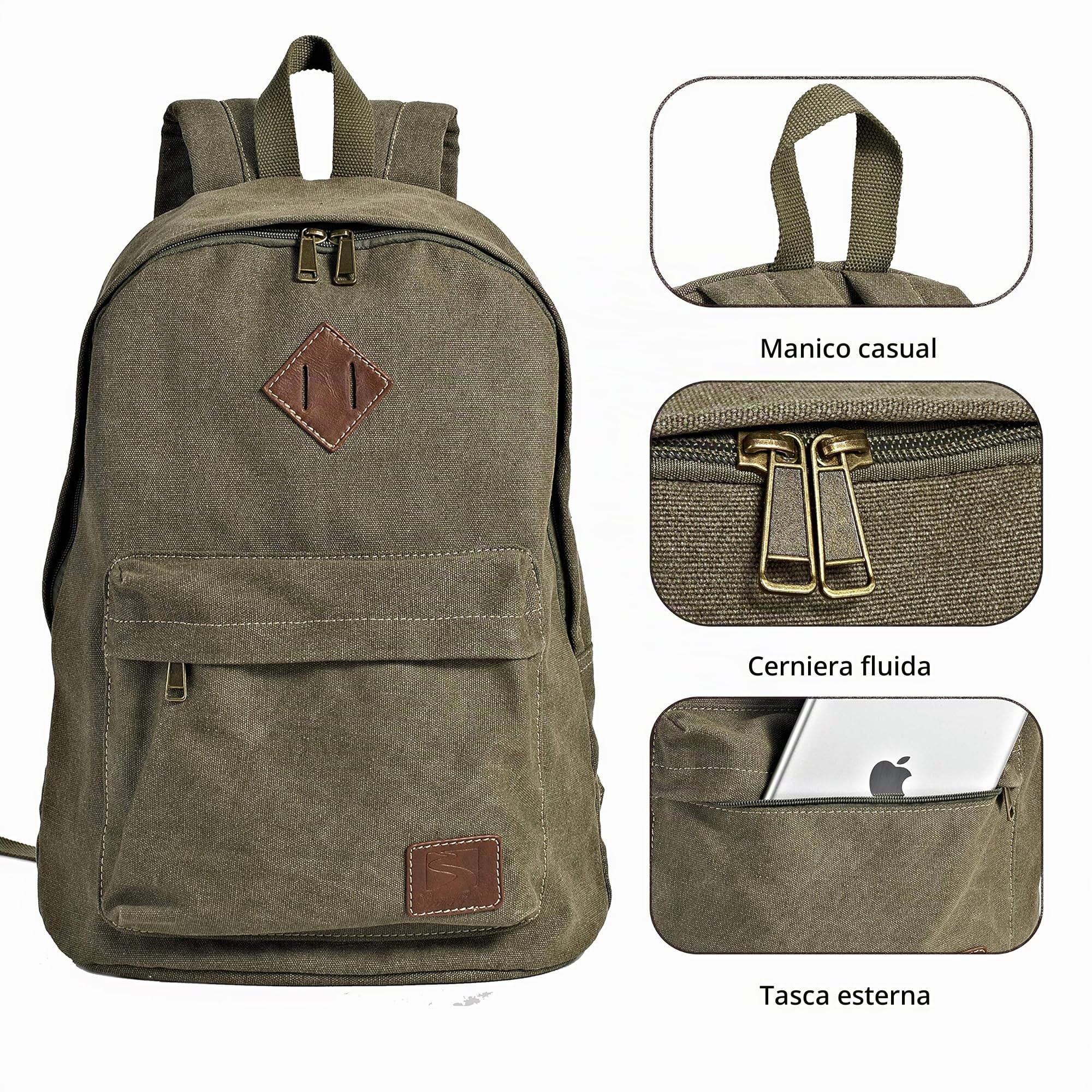Zaino in Tela Vintage, Zaino Leggero e Casual, per Laptop, per la Scuola, da Viaggio, per Uomo Donna