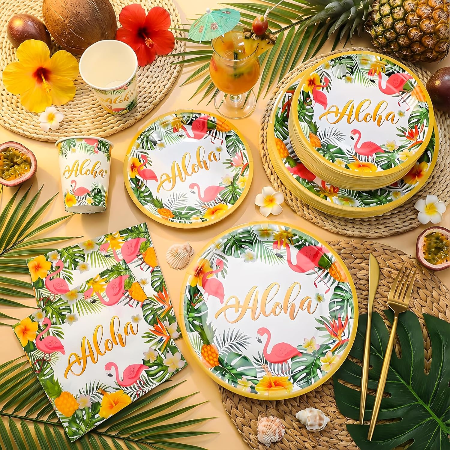 Jingmore 200 Pcs Tropical Hawaii Aloha Party Supplies Serve 50 Guests Luau Paper Plates Cups Napkins for Summer Beach Tableware Pool Party