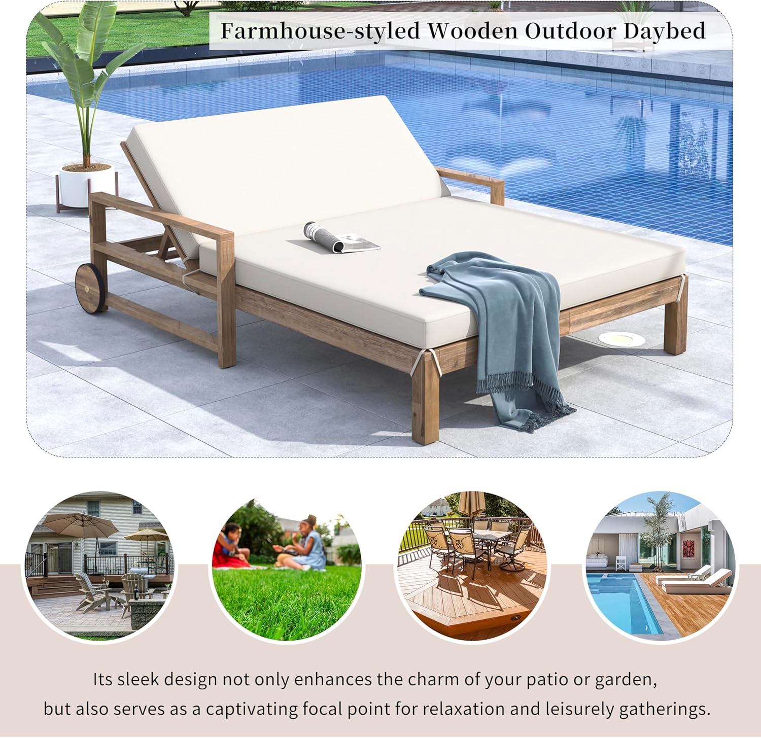 LUMISOL Outdoor Patio Daybed with Movable Wheels, Wooden Farmhouse Sunbed with Cushions, Outdoor Furniture Seating 2 People for Poolside Lawn Backyard, Beige
