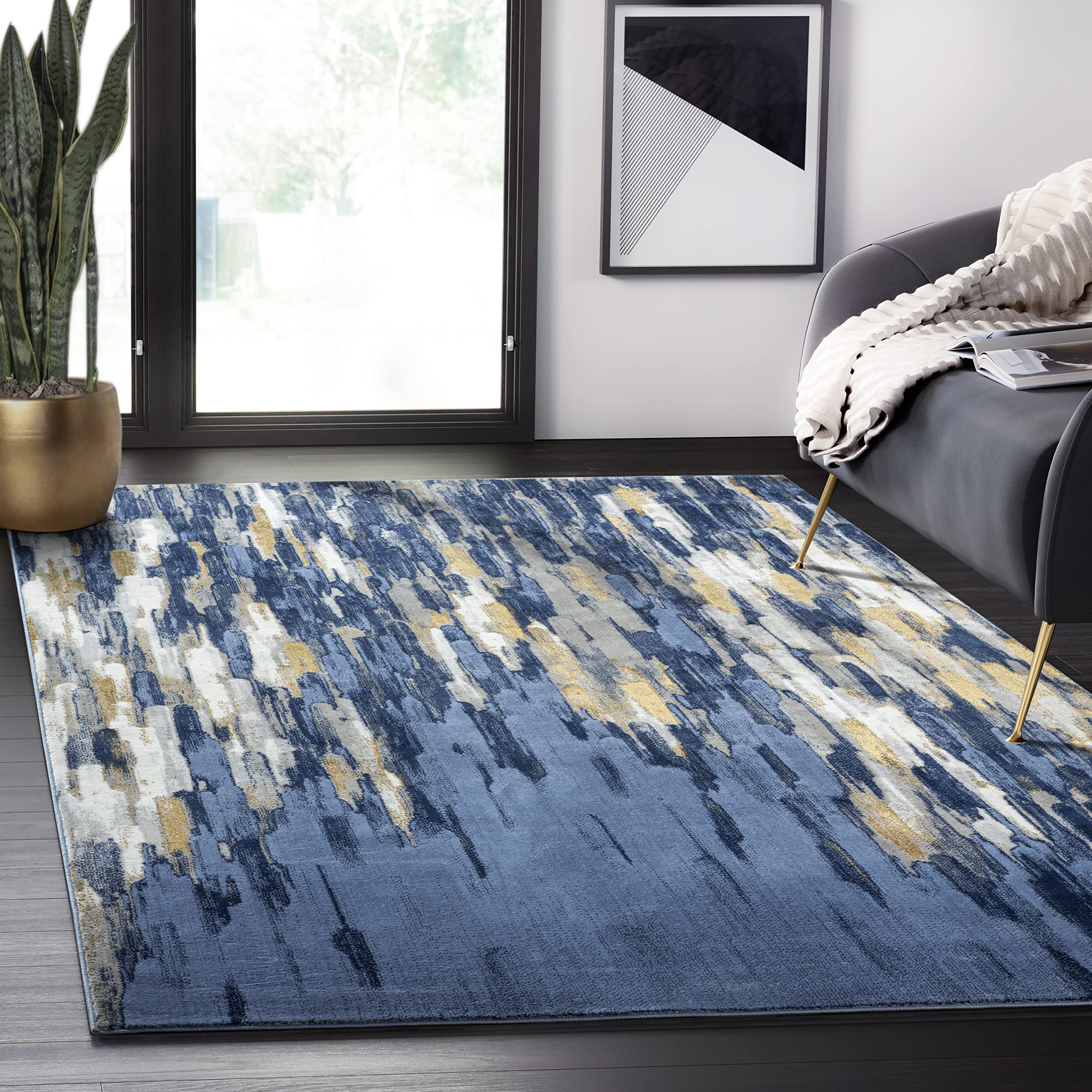 Abani Rugs Drip Blue & Metallic Gold Contemporary Abstract Area Rug ...