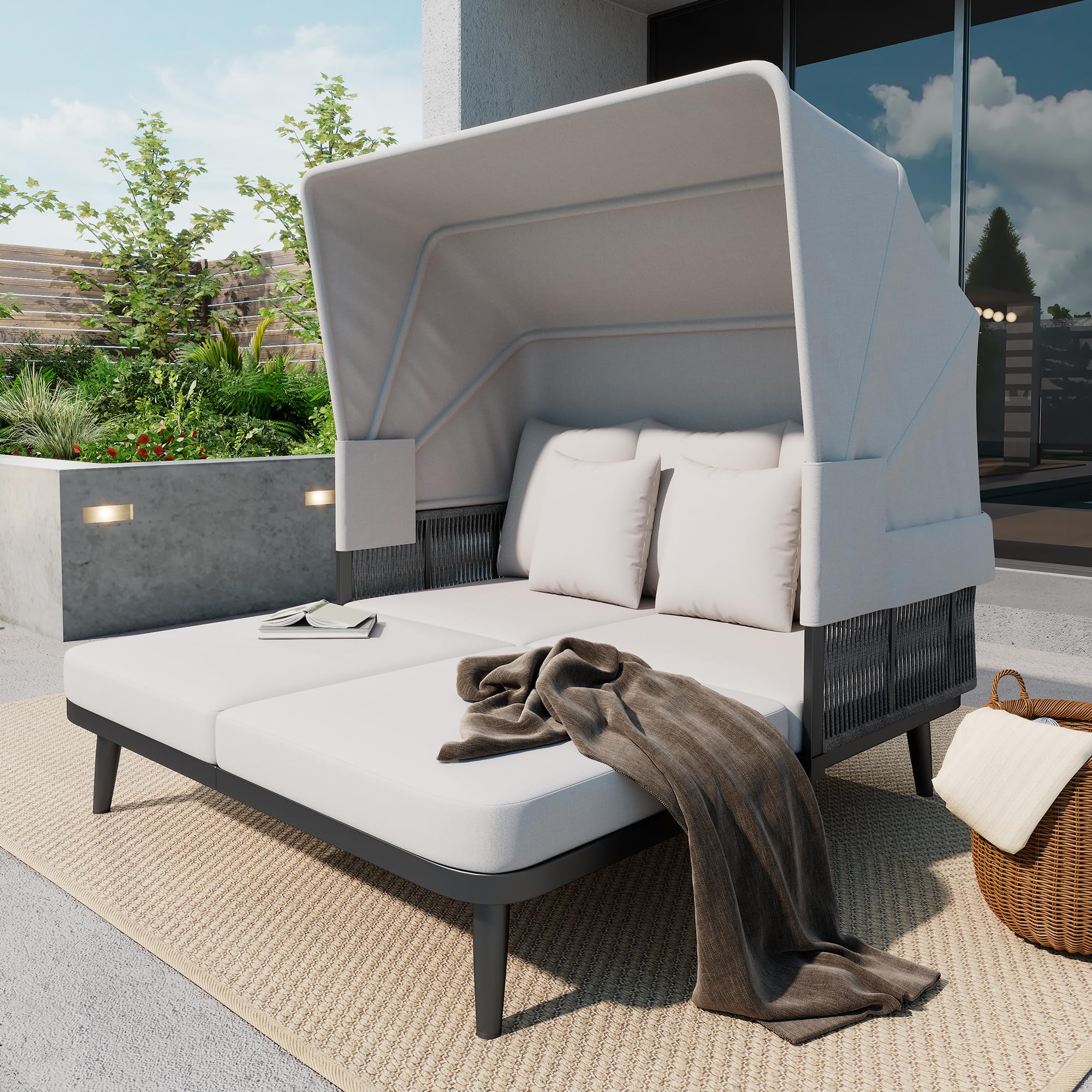 Gartenmöbel für 2 Personen, Gartensofa, Loungesofa, Einziehbare Markise, Gestell aus verzinktem Stahl, 10 cm Dicke Kissen, Handgewebtes Seil, Grau
