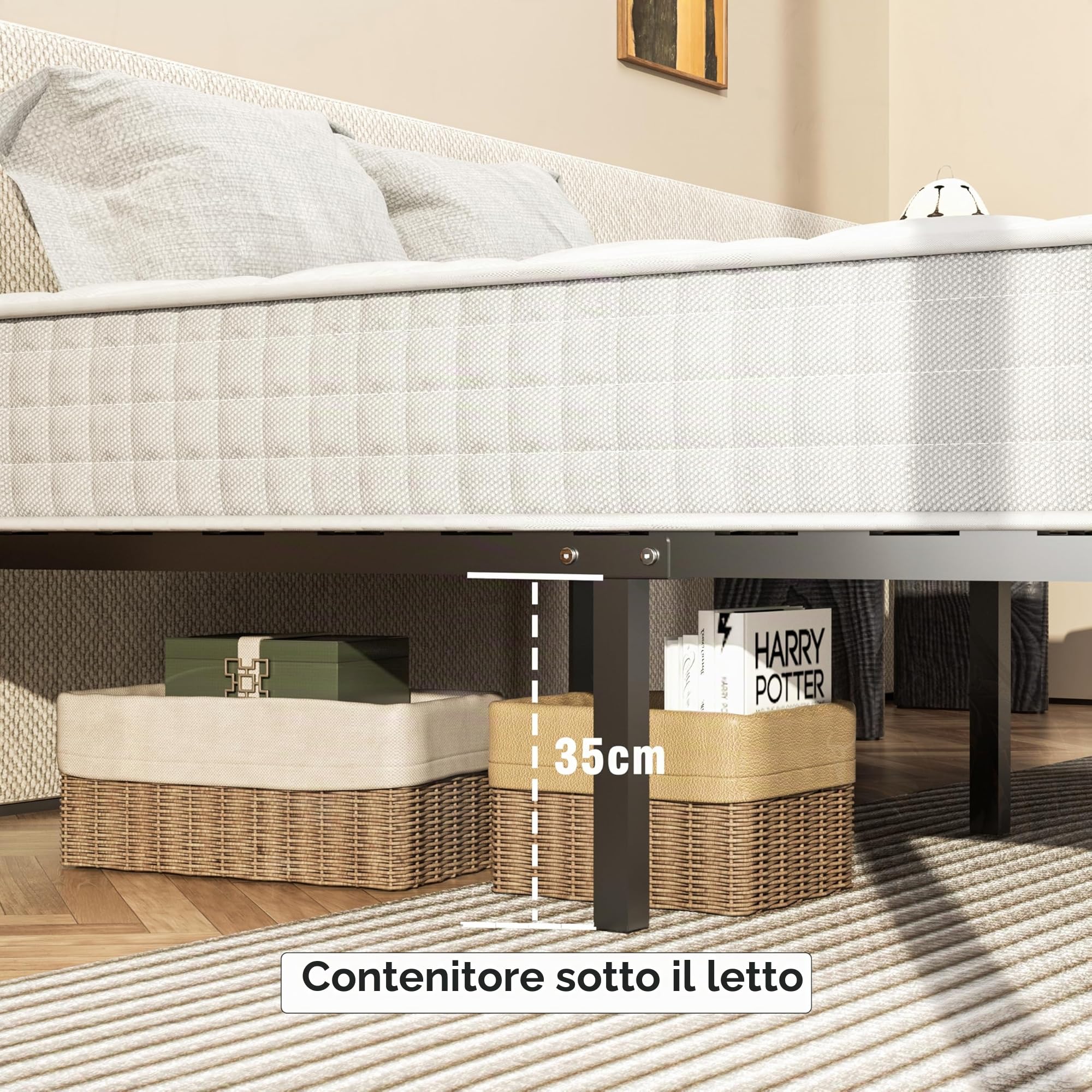DEWINNER Letto Completo con Materasso in Schiuma 160x190 cm(22 cm di Spessore)- Struttura 35 cm di Altezza (Gambe 32 cm) - Doghe con 7 Gambe e 13 Doghe in Pioppo - Struttura Stabile e Facile da Mont