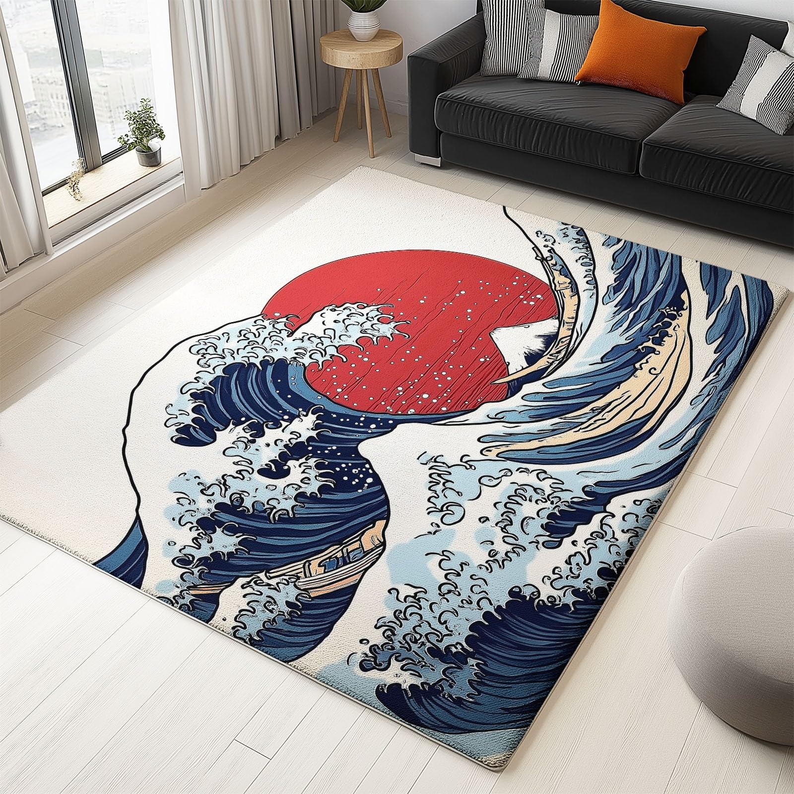 Stile Giapponese Cartone Animato Tappeto Lavabile Antiscivolo Morbido a Pelo Corto in Blu Rosso con Onde Stampate - Decorazione 80 x 150 cm per Soggiorno, Camera da Letto e Sala da Pranzo
