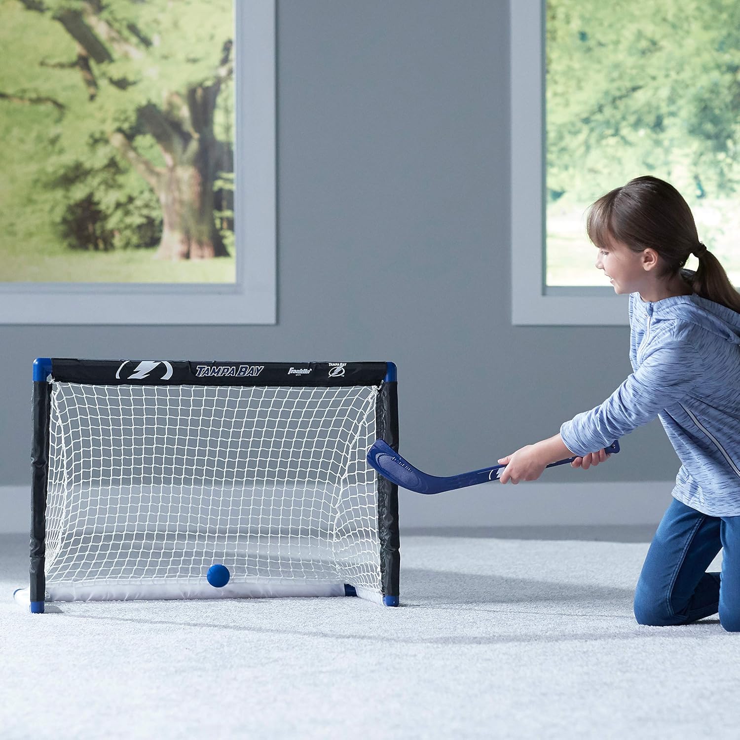 Franklin Sports Tampa Bay Lightning Mini Hockey Set - Knee Hockey Goal, Ball, & 2 Hockey Stick Combo Set - Mini Goal Net - NHL Official Hockey Set : Sports & Outdoors