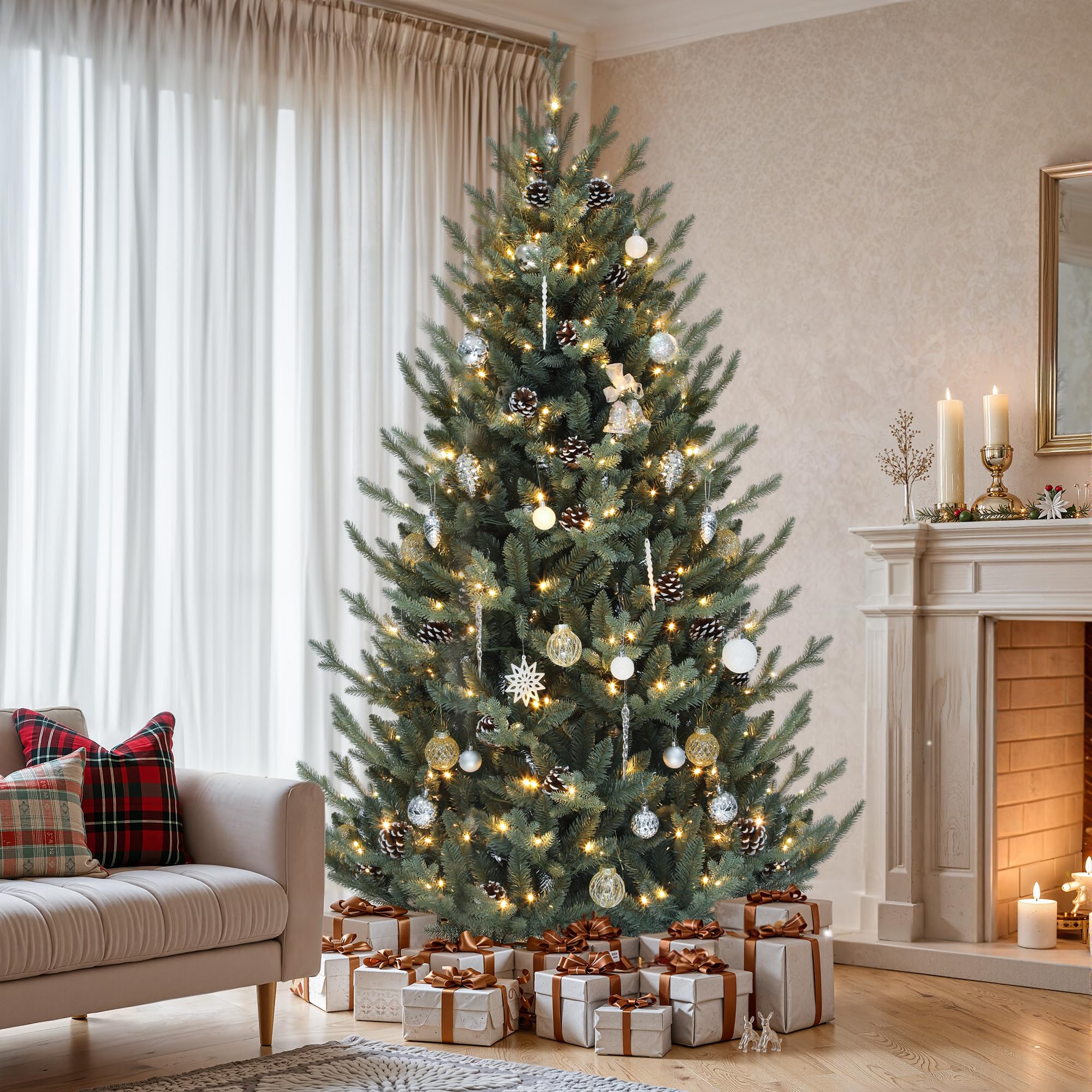 YITAHOME Sapin de Noël Artificiel pré-décoré de 1,8 m avec télécommande, Technologie de charnière, 1176 Pointes Mixtes PE/PVC, 35 Pommes de pin, 300 lumières et 11 Modes d'éclairage