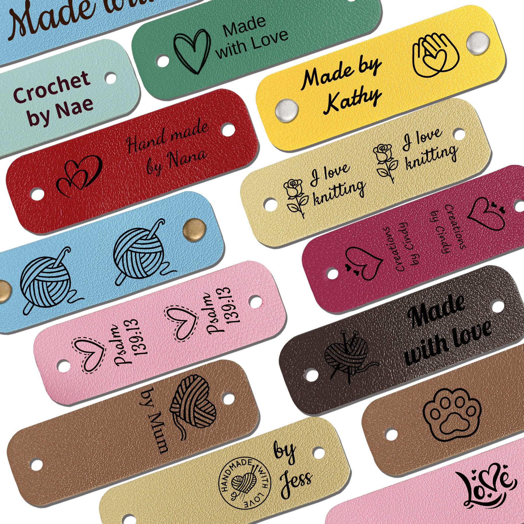 Personalized Leather Tags for Crochet Items 2.5 x 0.8 inch Customized Labels with Rivets, Cute Handmade Labels for Crochet and Knitting Projects (Widen-Square)