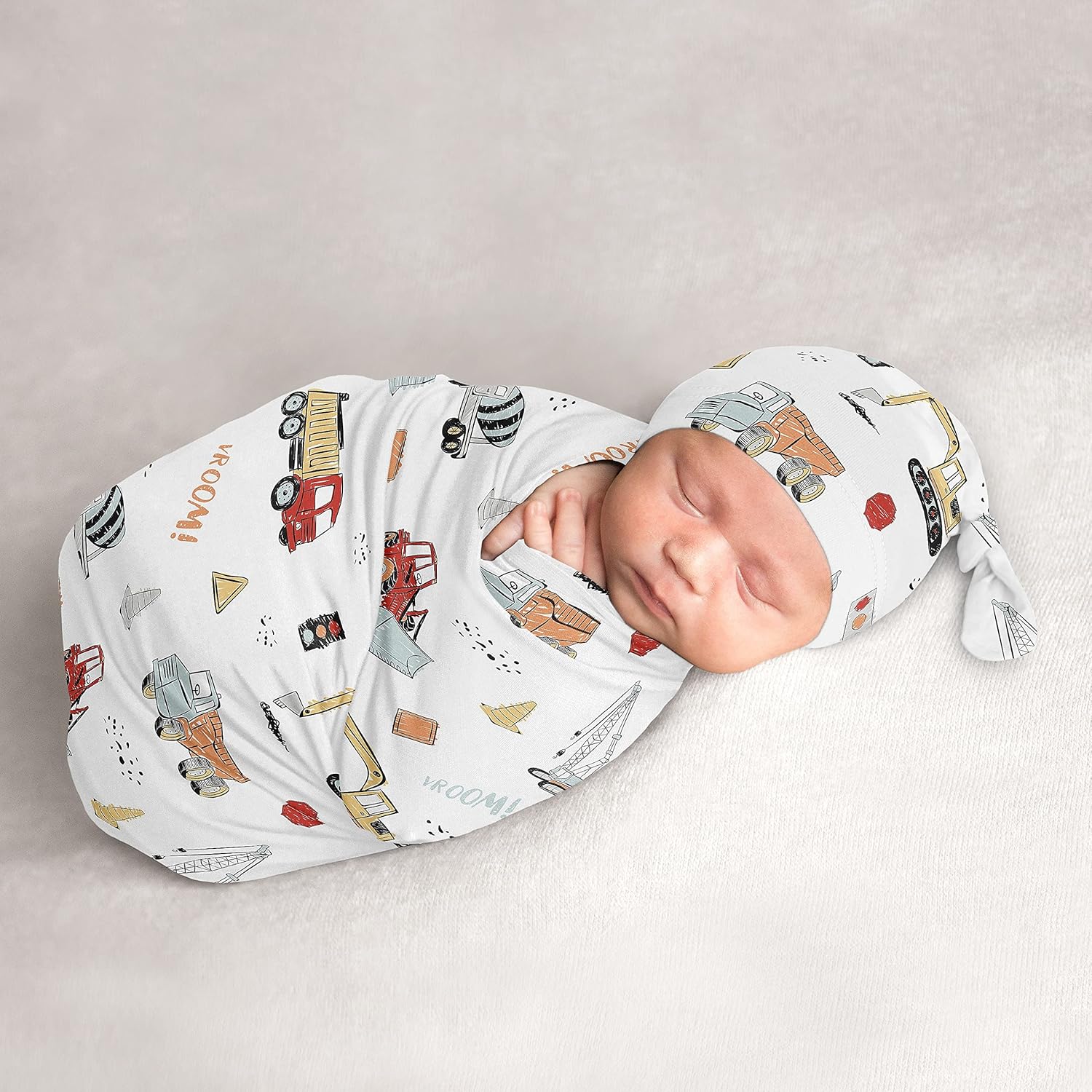 Sweet Jojo Designs Construction Truck Baby Boy Cocoon and Beanie Hat Set Jersey Stretch Knit Sleeping Bag Infant Newborn Nursery Sleep Wrap Sack – Grey Yellow Orange Red and Blue Transportation