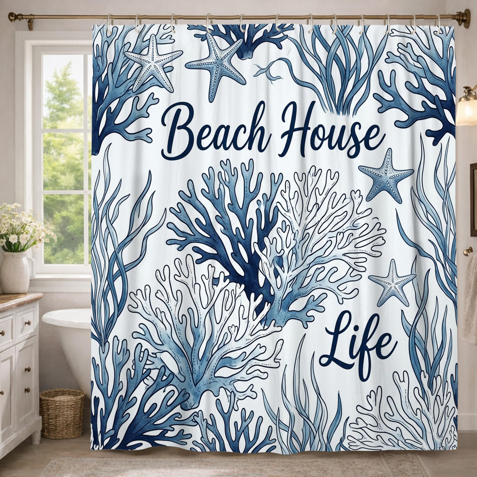 Rideau de douche decoratif bleu d'ete motif algues pour chambre d'amis