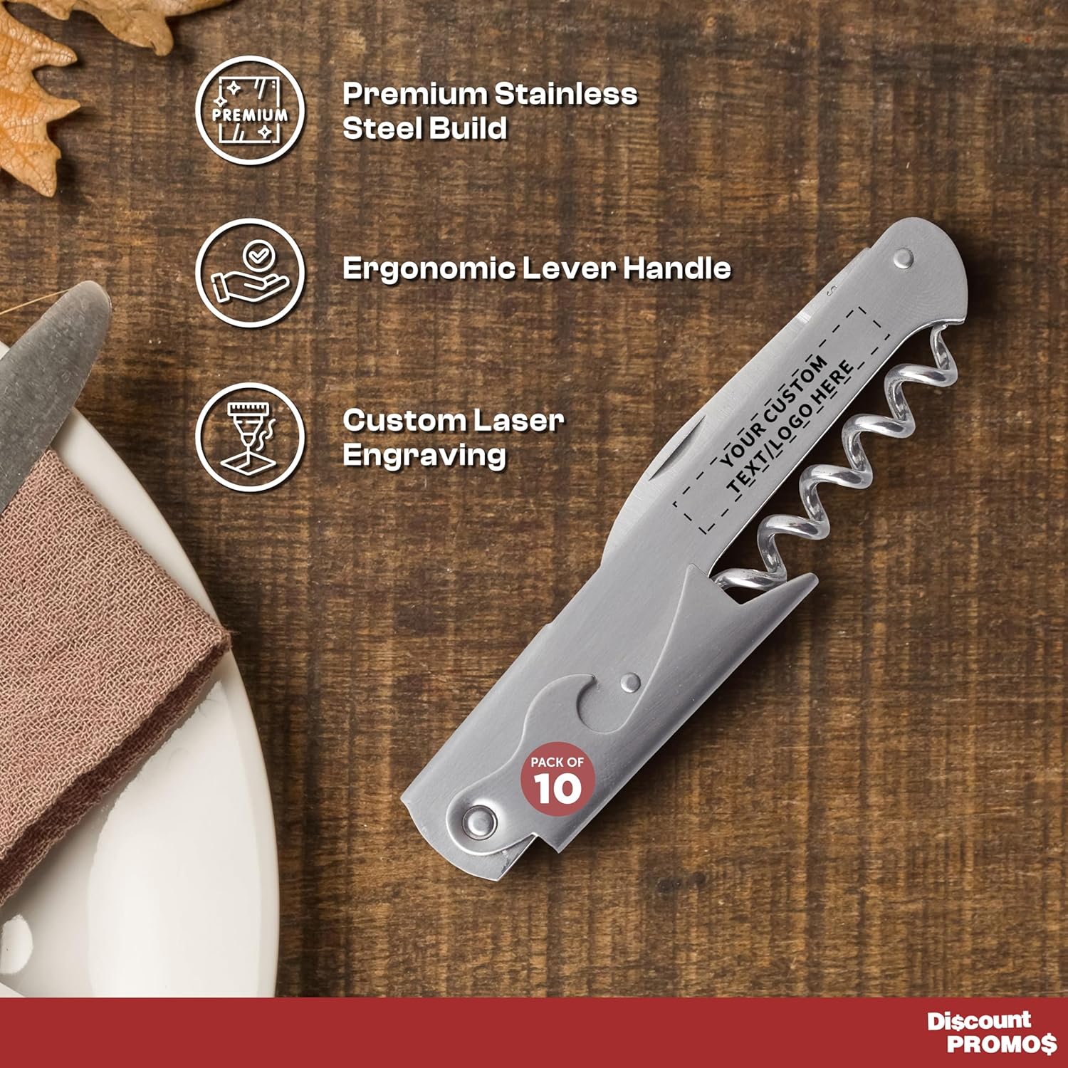 10 Valencia Stainless Steel Wine Bottle Openers Set - Customizable Text, Logo - Corkscrew, Serrated knife, Perfect for Bars - Silver