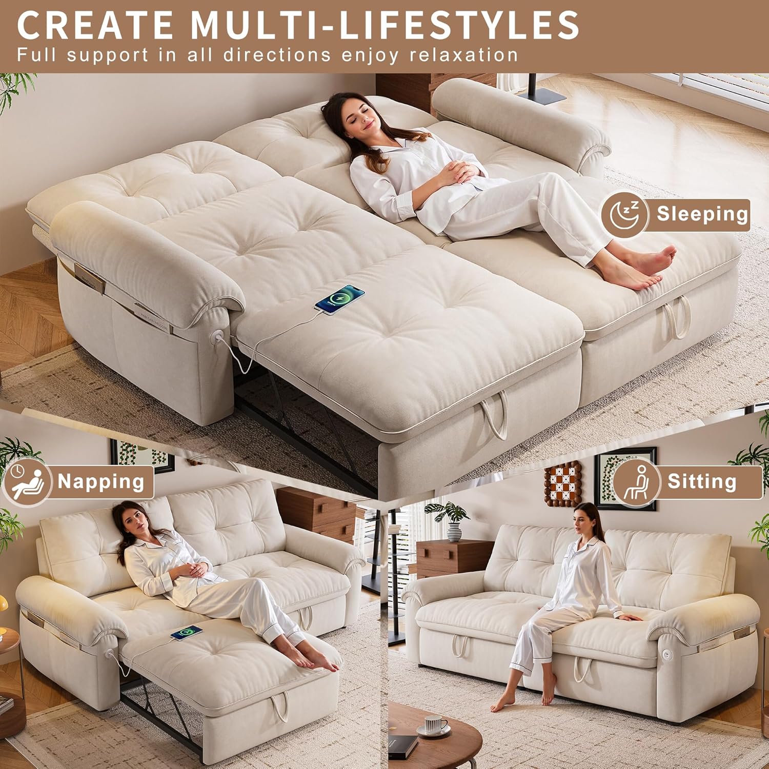 77.2'' Sleeper Sofa Bed Full Size, Pre-Installed, Flannel Pull Out Couch, 3 in 1 Convertible Futon Couches, Modern Loveseat, USB & Side Pocket, for Small Space, Living Room, Apartment, Beige