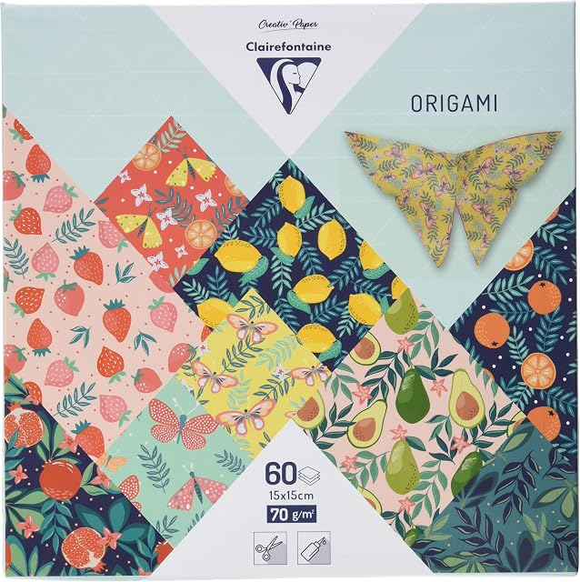 Clairefontaine - Ref 95357C - Origami Paper (Pack of 60 Sheets) - 15 x 15cm in Size, 70gsm Paper, Printed Design on Front & Plain Backs - Fruity Garden Patterns