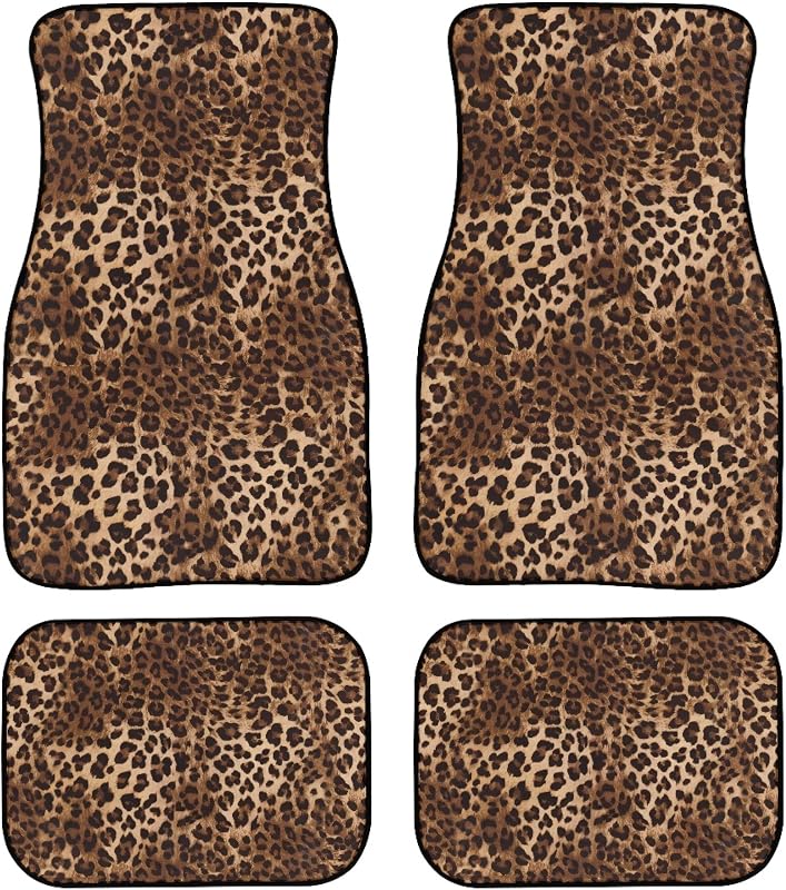 Tapetes automotivos BENXINYA com estampa de leopardo marrom e base antiderrapante, kit com 4 peças
