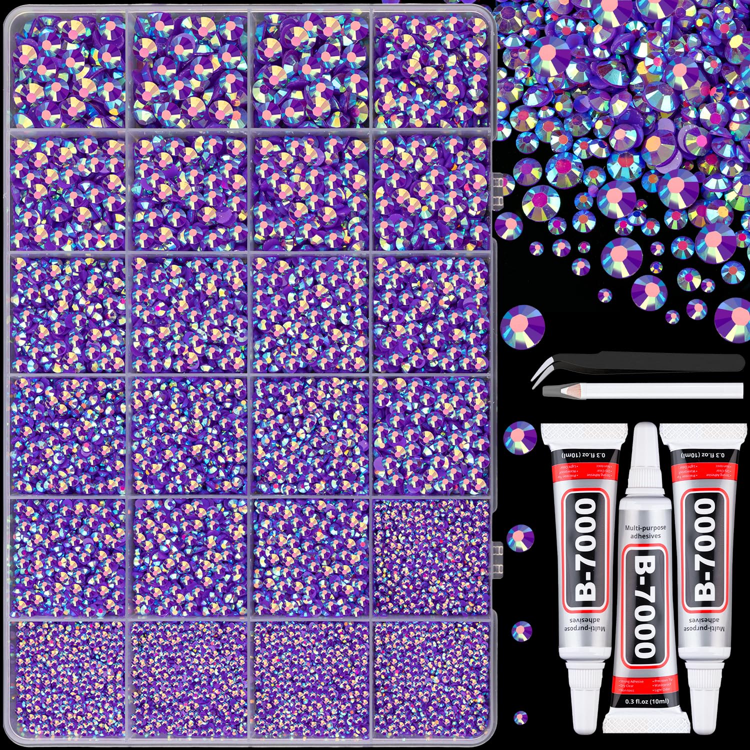 Photo 1 of 25000Pcs Resin Jelly Rhinestones with Tweezers for Crafting, Dark Purple AB Flatback Gems, Bedazzling Crystal with 3Pcs 10ml B7000 Jewelry Glue for DIY Crafts Clothing Tumblers Shoes Fabric Nail Art