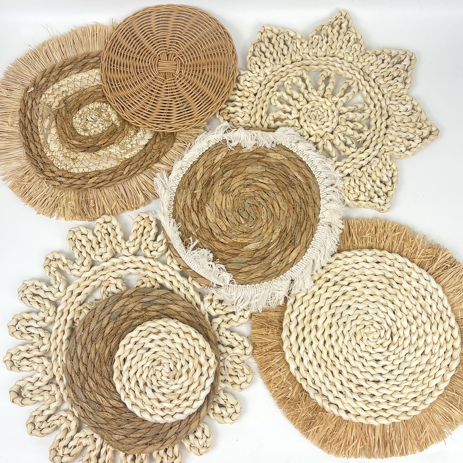 Lot de 8 paniers muraux décoratifs bohème, tressés à suspendre, en jonc de mer et rotin, paniers ronds faits à la main, avec franges, en feuille de maïs et joncs, décoration murale bohème pour salon