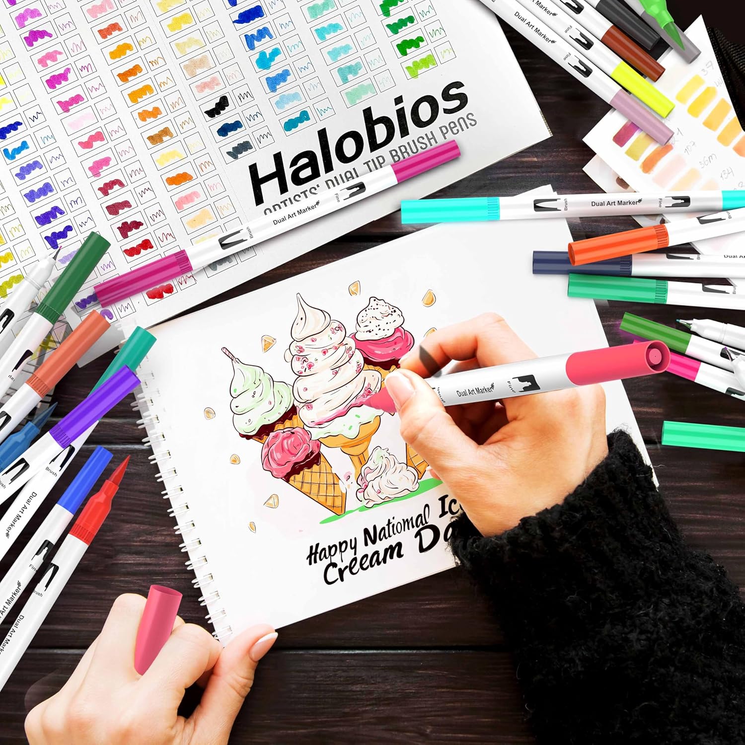 120 Color Dual Tips Brush Pens, Fine and Brush Tip Markers with Swatch Card for Adult Coloring, Art Markers Set for Journaling Calligraphy Drawing Sketching Doodling Illustrating - Image 4