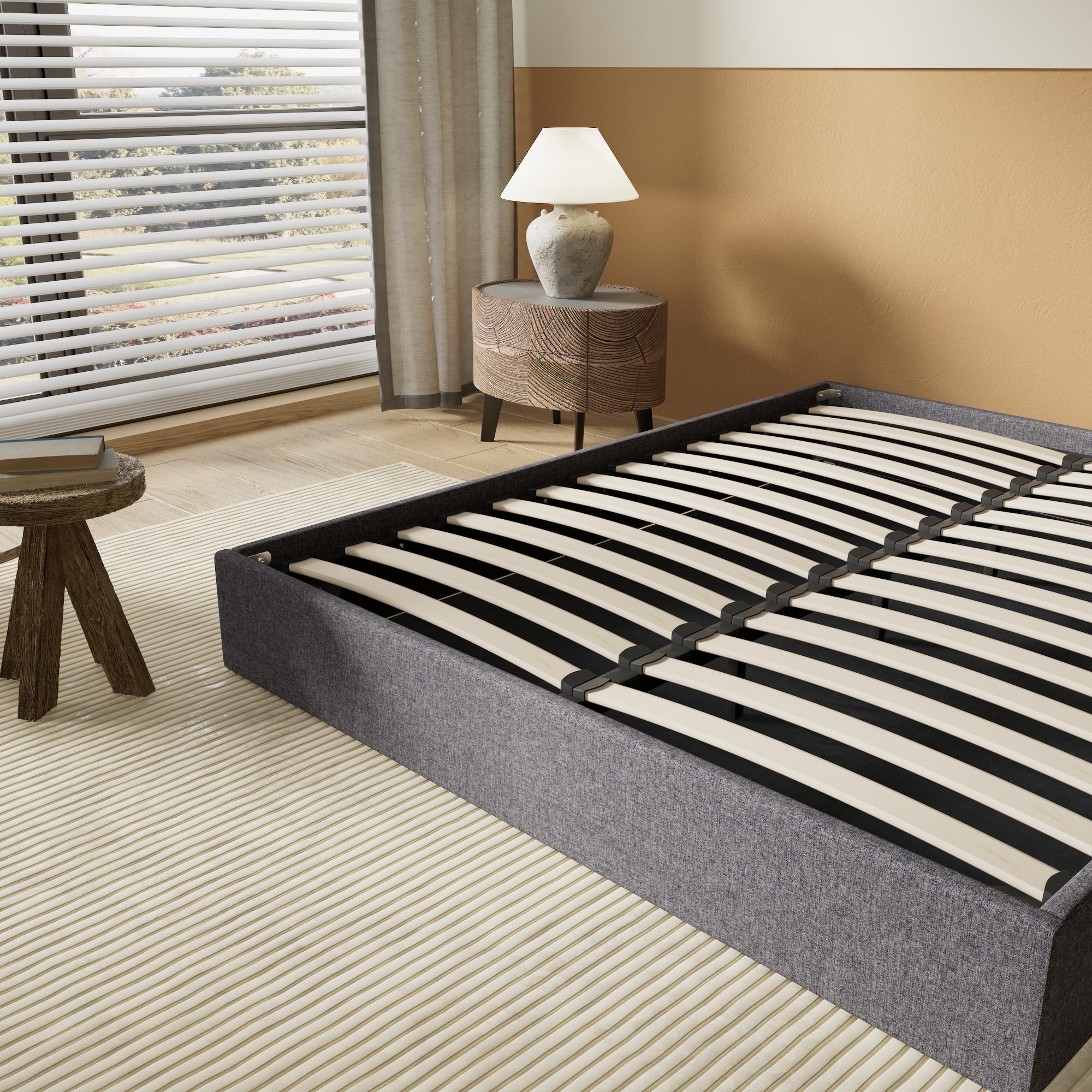 NOVEMBER Letto Contenitore 120 x 190 cm, Rete a Doghe in Legno Flessibile, Struttura in Tessuto Grigio, Stabile e Robusto. Ampio Spazio di Stoccaggio sotto il letto.