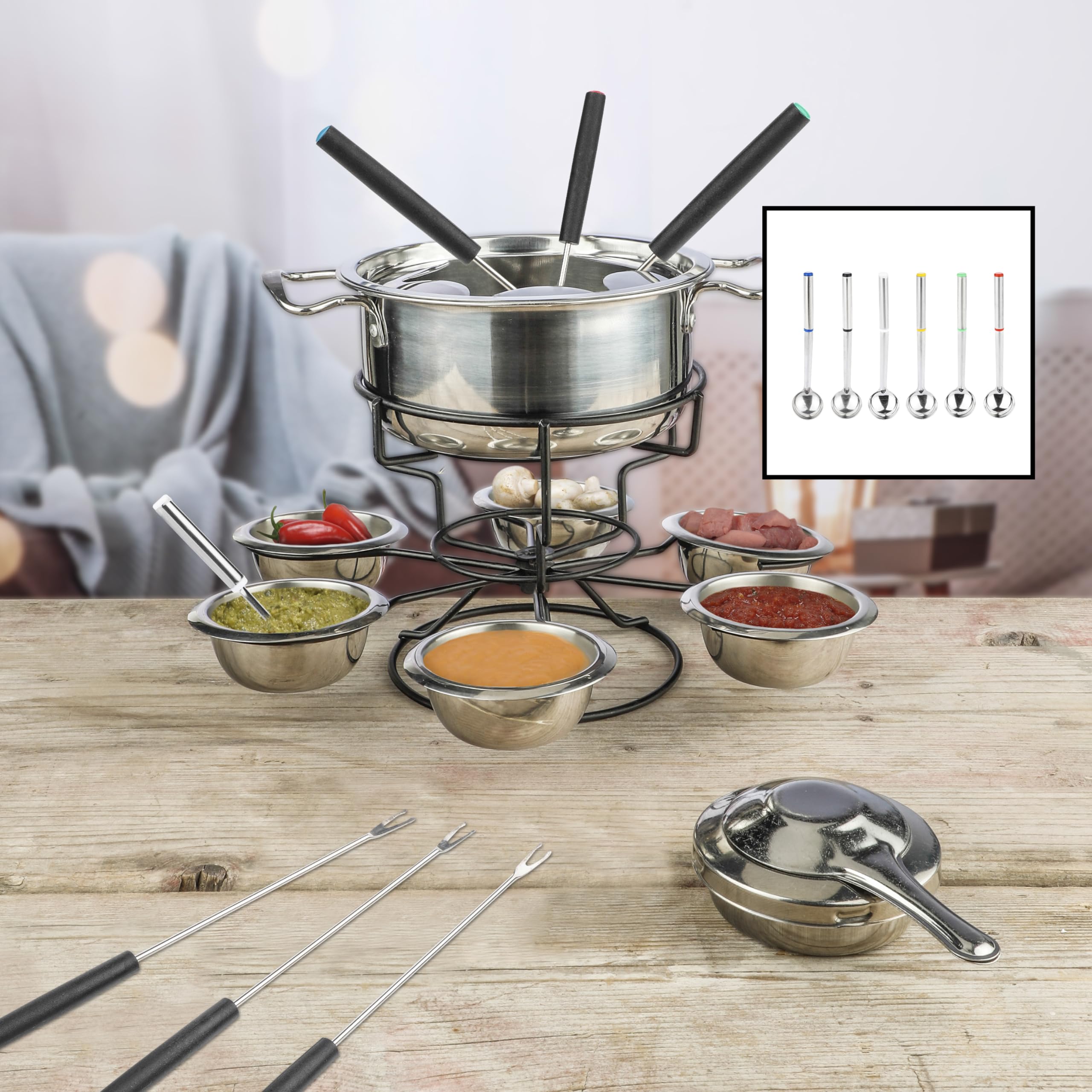 Lentz Juego de fondue de acero inoxidable para 6 personas, incluye cubiertos, funciona con pasta combustible, olla con protección contra caídas (22 piezas)